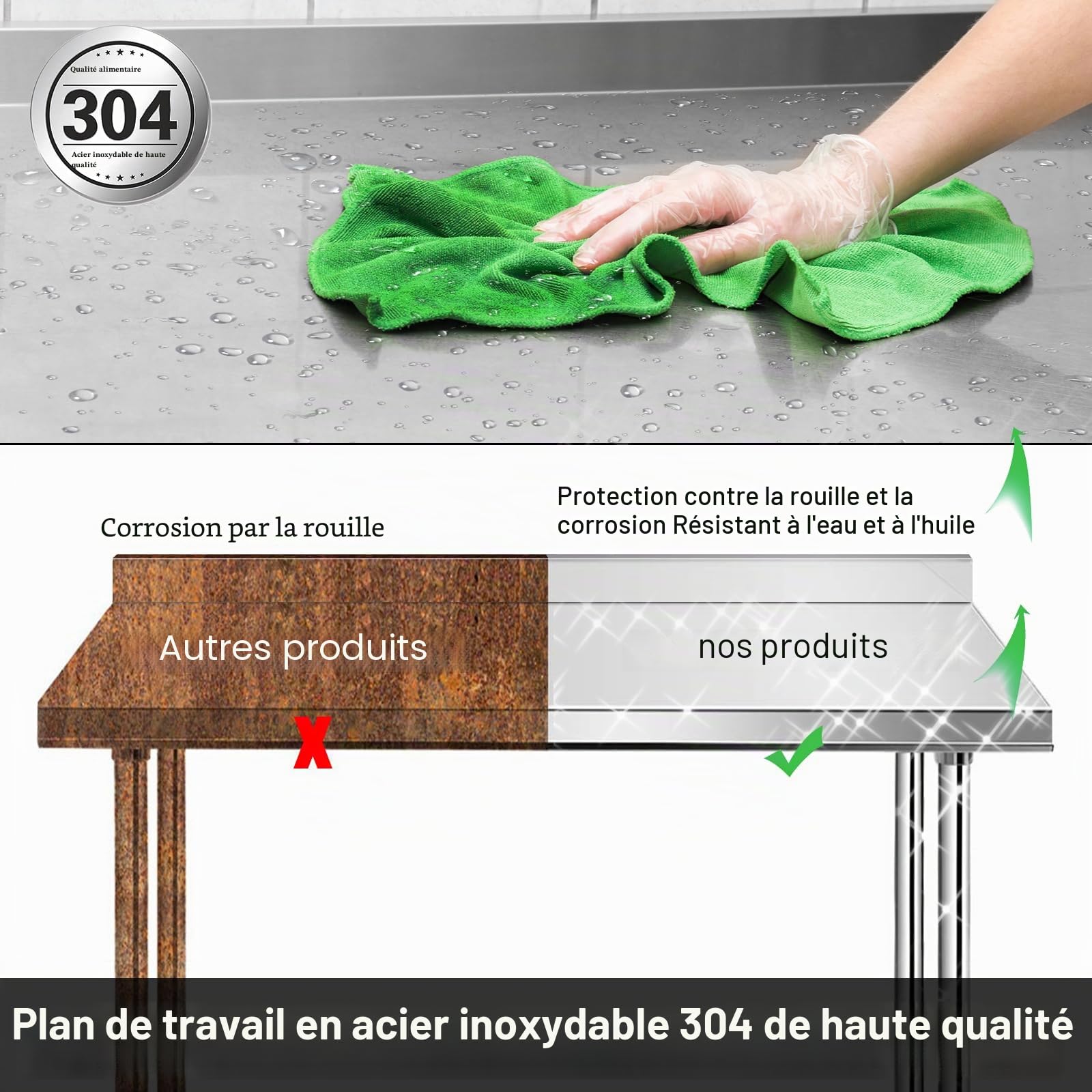 Table de travail en acier inoxydable avec pieds réglables - Table de préparation - Meuble de cuisine pour restaurant, bar - Argenté - 150 x 50 x 85 cm