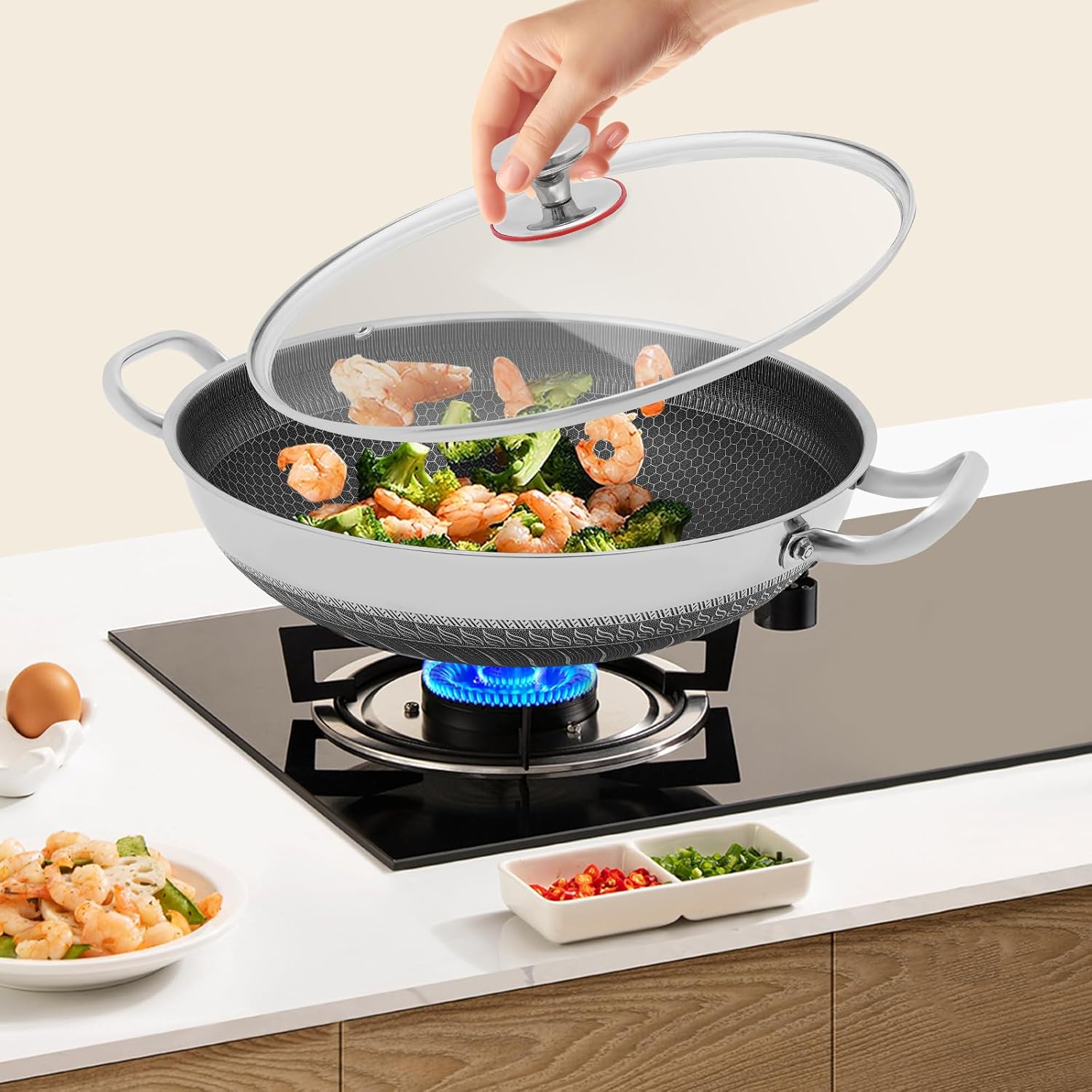 14 Inch Tri-Ply Stainless Steel Pan, Nonstick Paella Pan with Glass Lid, Large Skillet, Honeycomb Frying Pan - Oven & Induction Safe, Cookware for Sauteing Stir Fry
