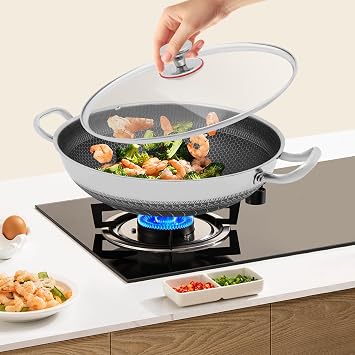 Wok Pan,Hybrid Wok with Lid,Non Stick Stainless Steel Woks & Stir-fry Pans Nonstick Frying Pan Dishwasher and Oven Safe, Works on Induction (14 inch)