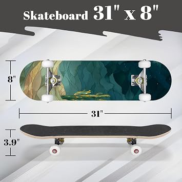 Complete Skateboard with Serene Stained Glass Desert Cactus Starry Night Landscape Beginner Skateboard 7-Layer Maple Wood Double Kick Concave Skateboards for Kids, Adults, Teens 31 x 8