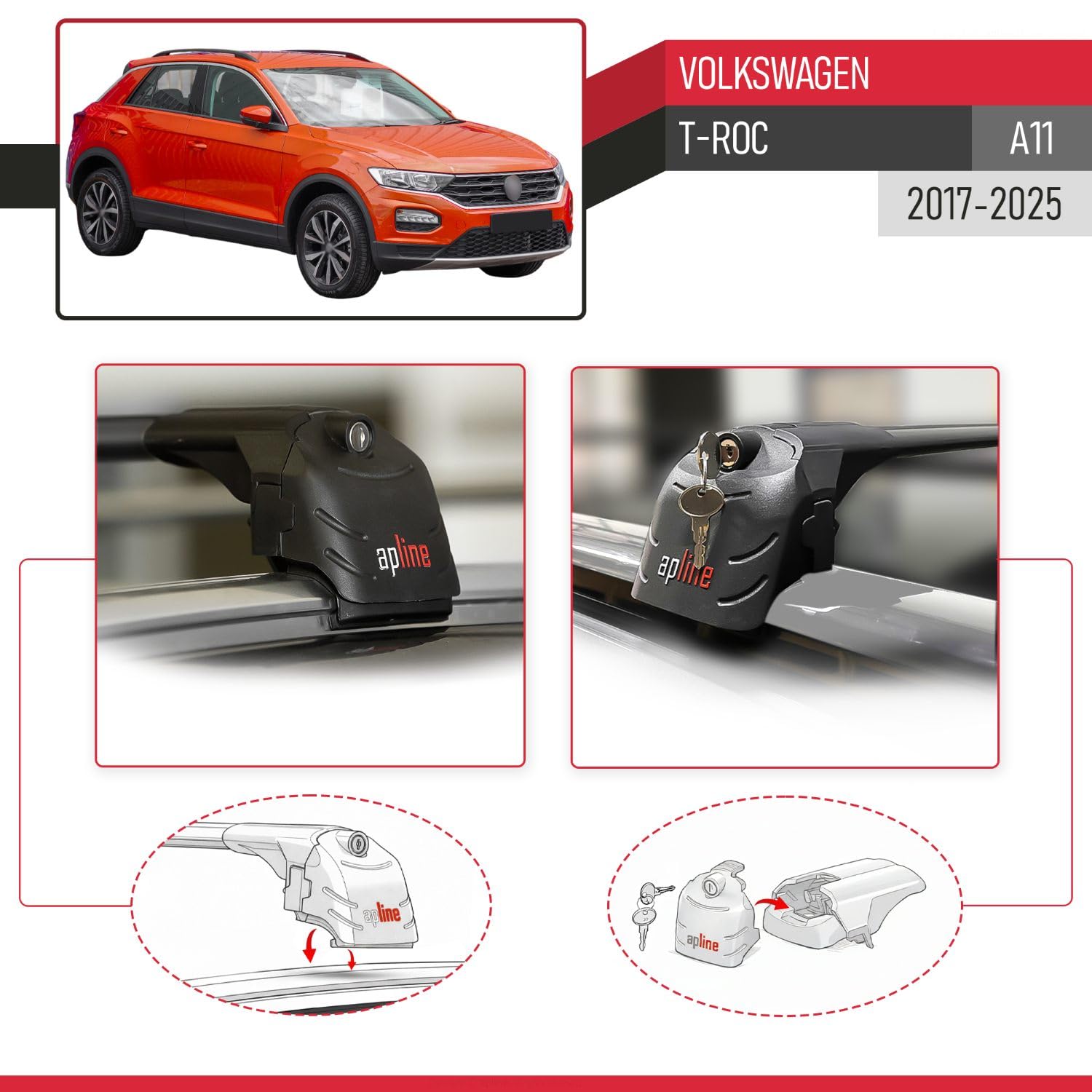 Compatible con Volkswagen T-Roc (A11) 2017-2025 Modelo Ace-2 Barra de Techo Auto Portaequipajes Barras Transversales Negro Aluminio 2 Barras