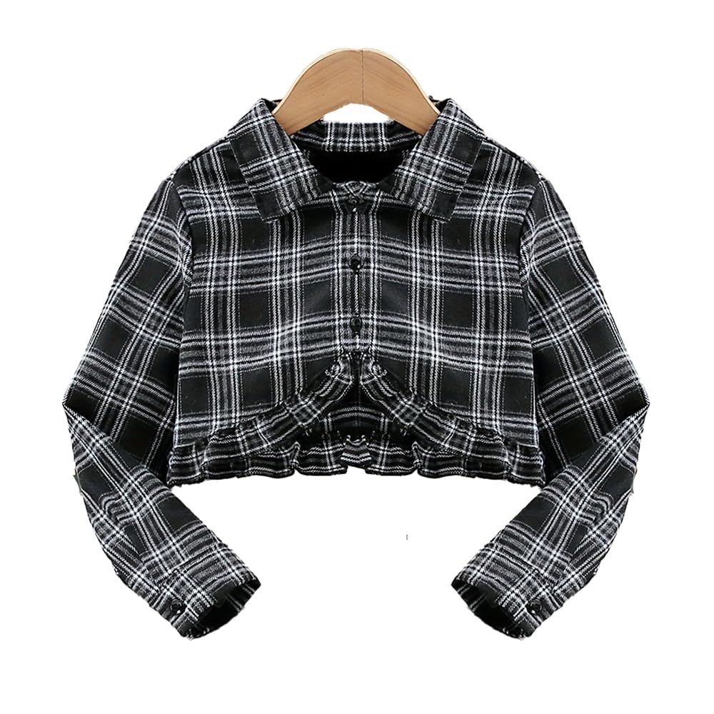 Conjunto de 2 piezas para niñas de otoño a cuadros, manga larga, con botones, camiseta corta y pantalones de camisola de 7 a 13 años