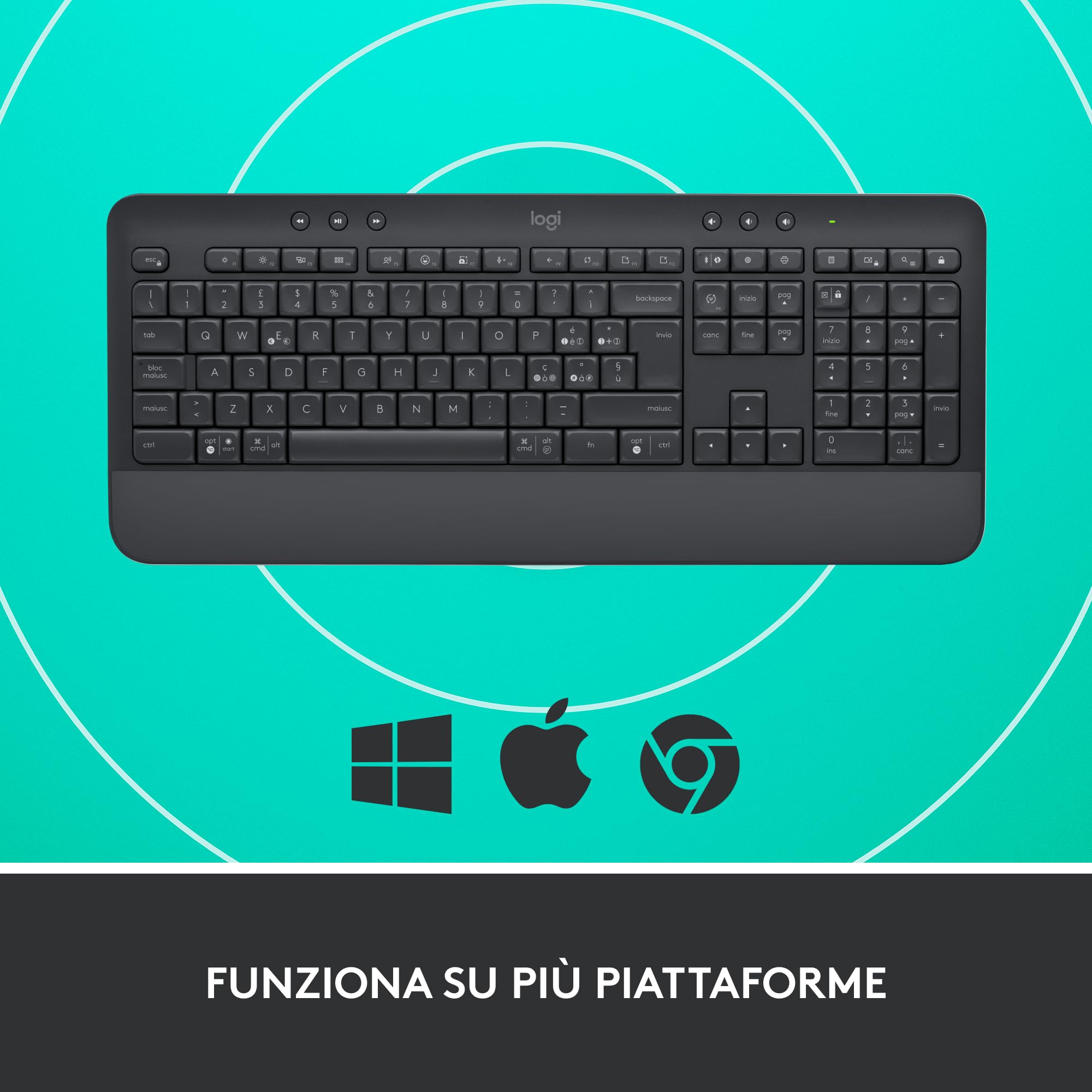 Logitech Signature K650, Tastiera Poggiapolsi Wireless Full-size con Bluetooth BLE o Ricevitore USB Logi Bolt, Tasti Smorzati e Tastierino, Compatibile con PC/Windows/Mac - Nero