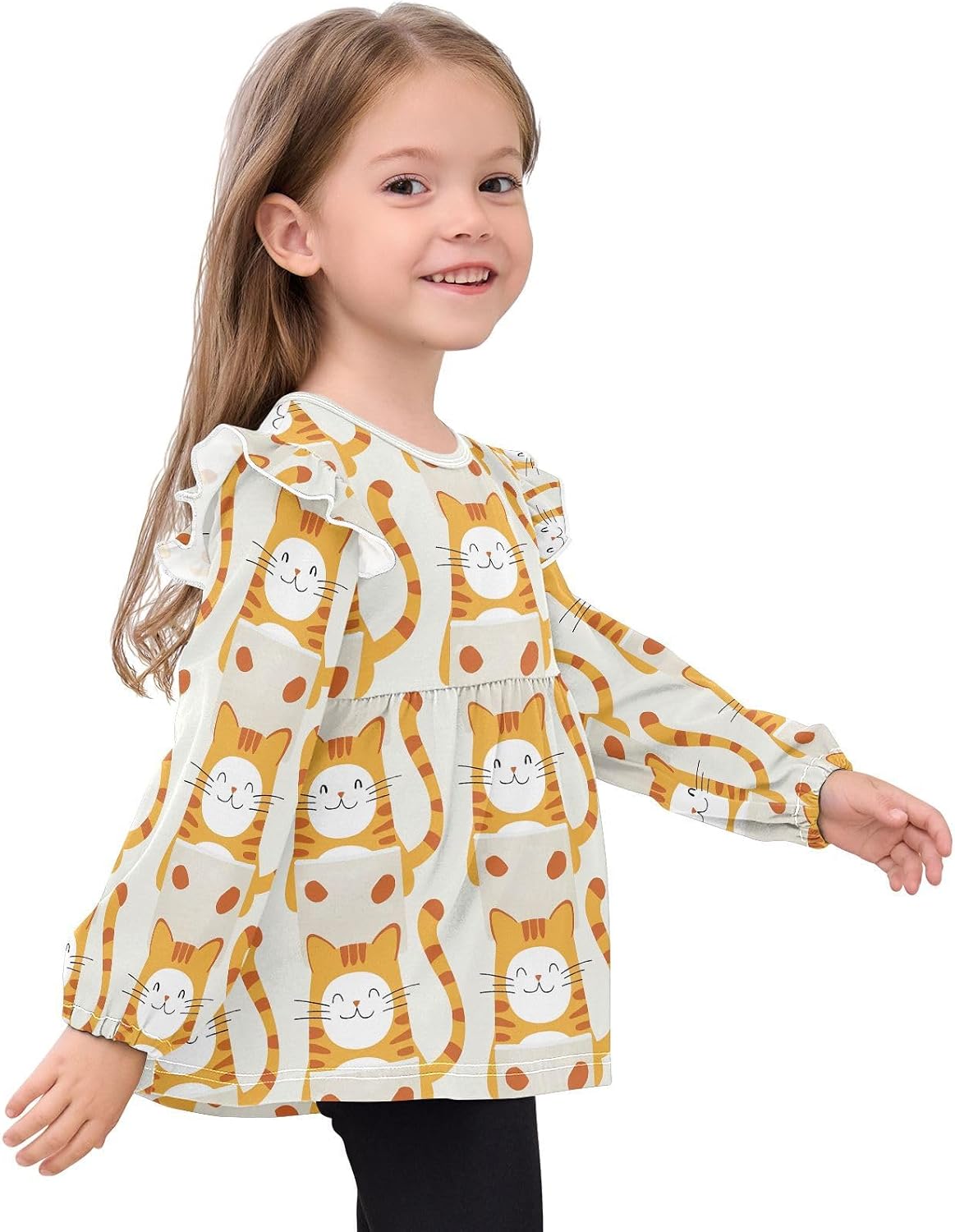 visesunny Toddler Clothes for Girls Smile Orange Cat Toy Long Sleeve Fall Shirts Cotton Top with Ruffle Collar