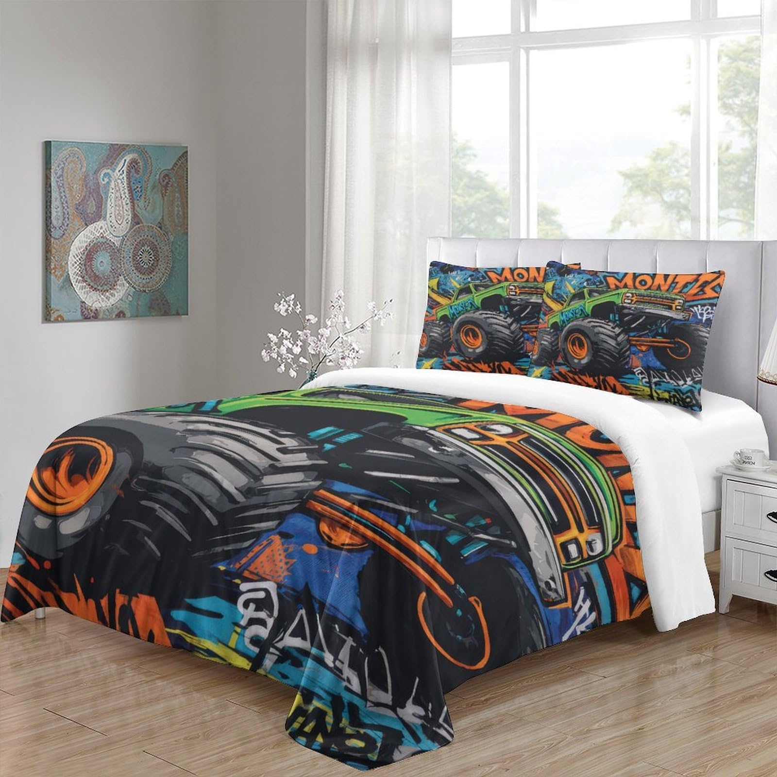 Offroad LKW 3-teiliges Reines Polyester Graffiti Kunststil Bettbezugset, Versteckter Reißverschluss, Für Kleinkinder, Babysicher & Gifffrei, Pflegeleicht King（220x240cm）