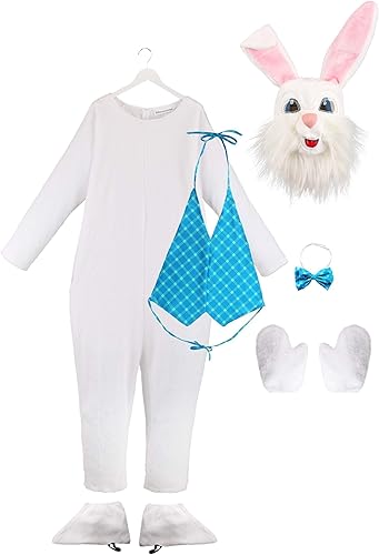 Miniatura 4 de Disfraz de conejo de Pascua para adultos grandes y altos, traje de mascota de conejo de 6 piezas, máscara, chaleco, pajarita, fundas para zapatos y