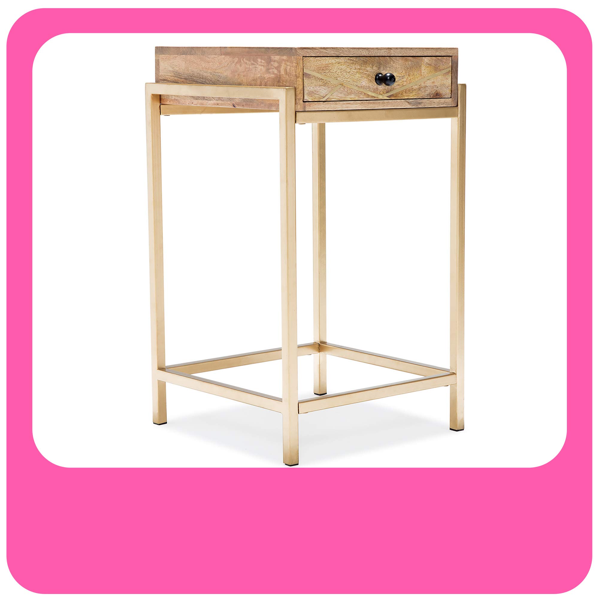 Sidney Modern Solid Mango Wood with Gold Metal Inlay, Narrow Storage Cabinet for Living Room, Side Table, Beige