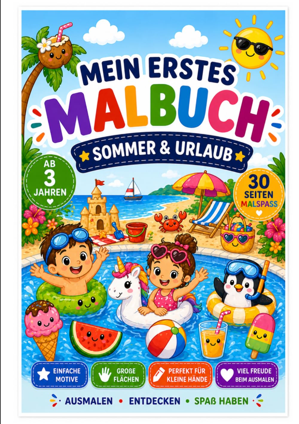 MEIN ERSTES MALBUCH – SOMMER & URLAUB: Sommer, Strand & Berge – 30 liebevolle Ausmalbilder für Kinder ab 3 Jahren