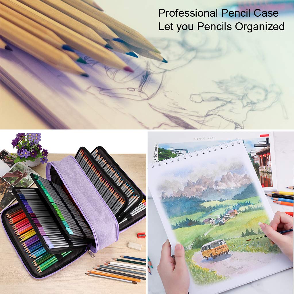 BTSKY Farbiges Federmäppchen mit 300 Fächern, Stifttasche, Organizer, hohe Kapazität, Stiftehalter mit Doppel-Reißverschlüssen, Aquarellstifte und Gelstifte, Violett