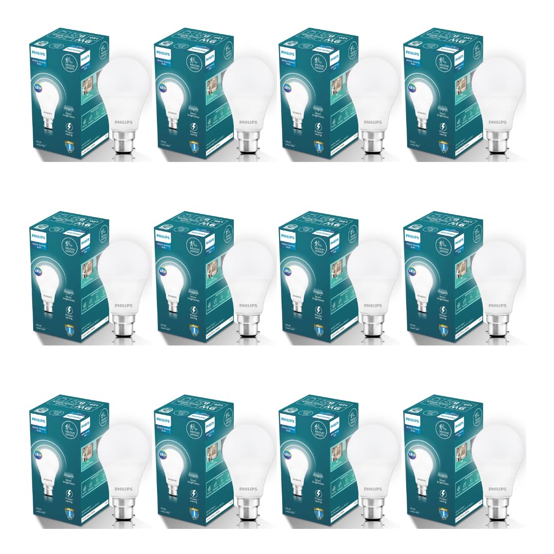Philips 9w Motion Sensor B22 LED Bulb | Motion Sensor Light for Home | Motion and Ambient Sensor LED Bulb | Crystal White, Pack of 12