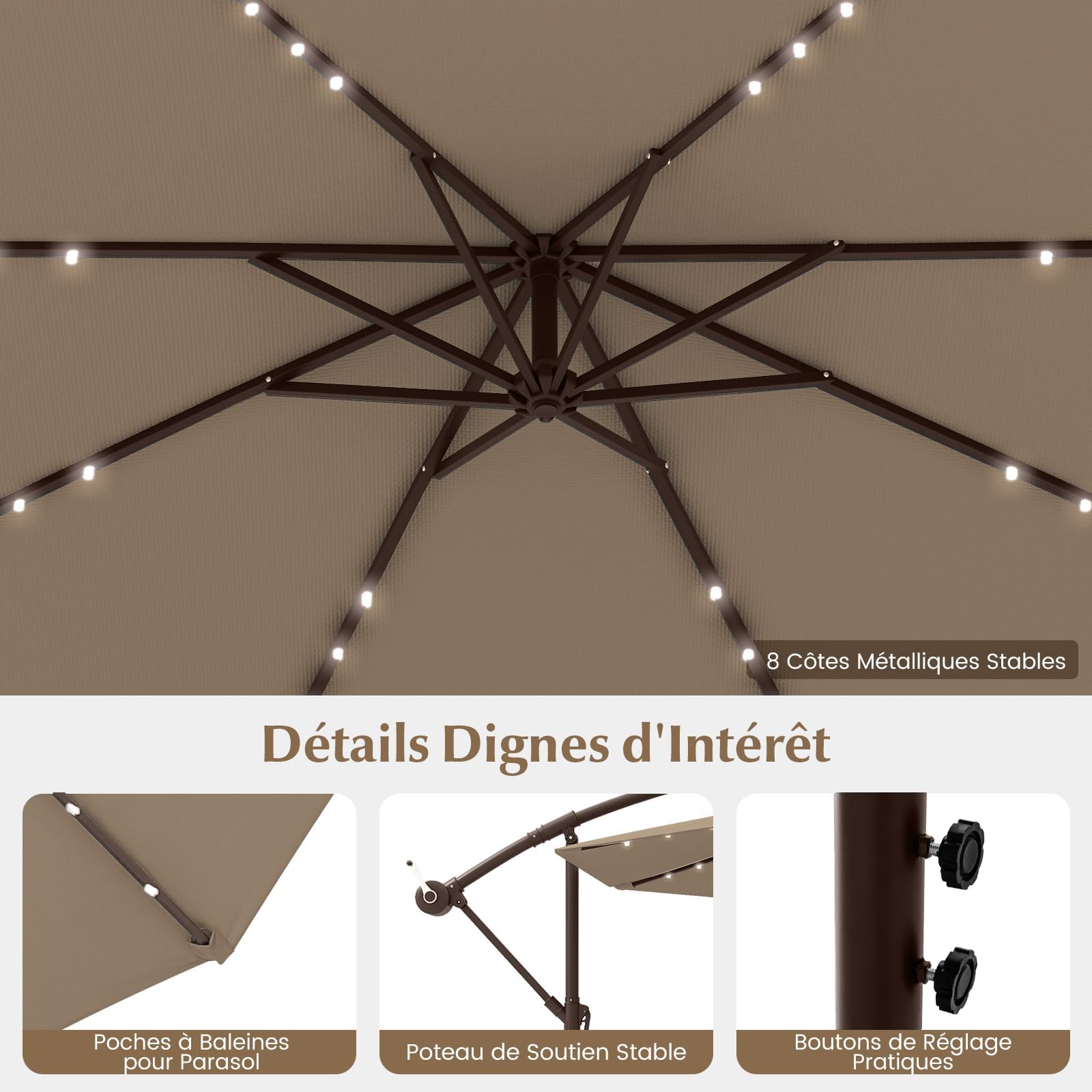 GOPLUS Parasol de Jardin Extérieur avec Pied, 3M Grand Parasol Déporté Inclinable, avec 8 Baleines 32 Lampes Solaires, pour Terrasse Plage Cour (Café)