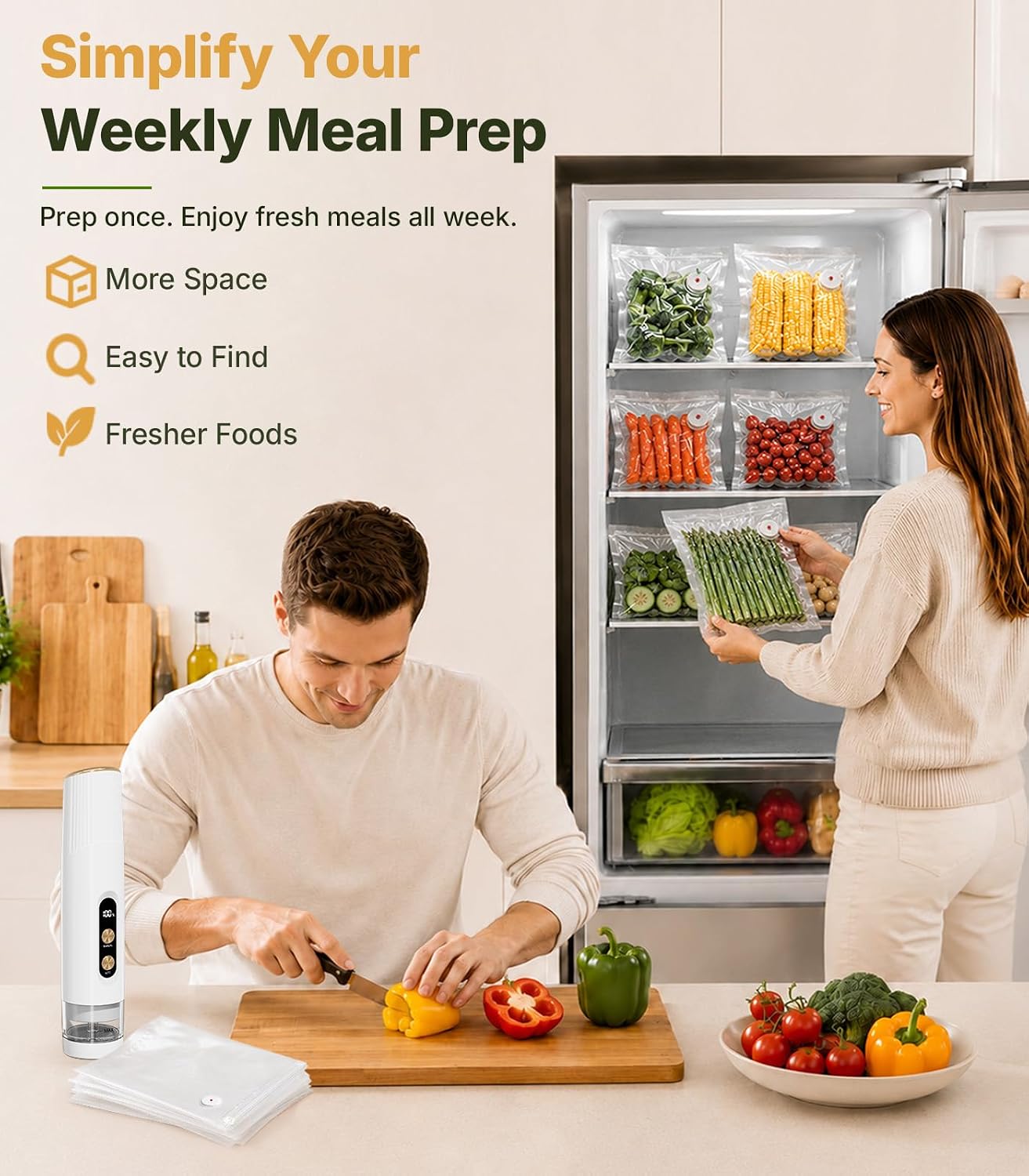 Handheld Vacuum Sealer for Food, Compact Cordless Sealer, 30 Reusable Bags | Auto Liquid Protection, Manual/Auto Modes, Removable & Easy to Clean, Battery Display, Long Battery Life, 60kPa, Safety Lock
