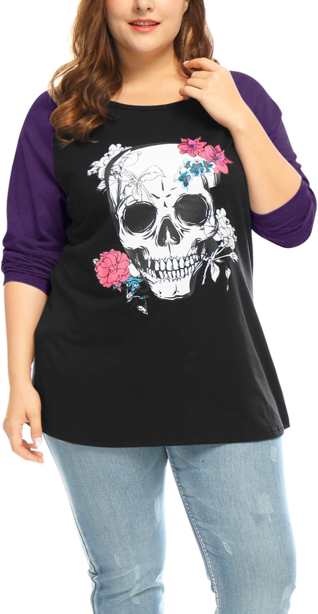Women's Plus Size Tee Shirts Floral Skull Loose Basic Long Sleeve Tops Happy Halloween Tunic