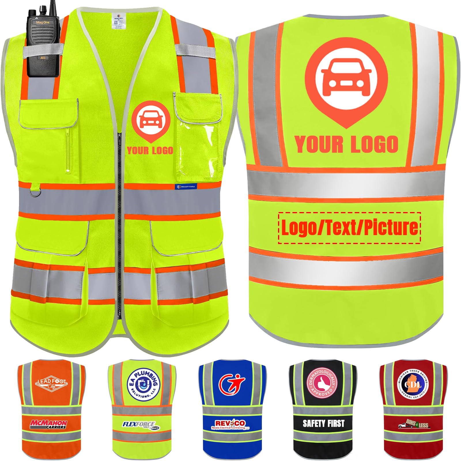 BeautyWill ANSI Class 2 Custom Logo Safety Vest 10-Pockets Heavy-Duty High Visibility Reflective Vest