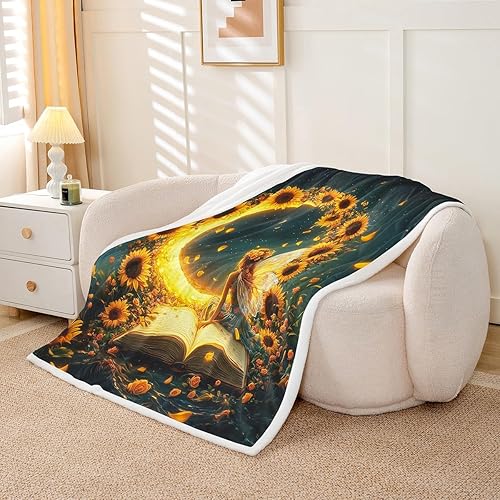 Miniatura 3 de Manfei Fairy Girl Throw Blanket Yellow Sunflower Moon Fuzzy Blanket for Kids Princess Room Decor, Flower Girl Blanket for Bed Couch Sofa, Soft and