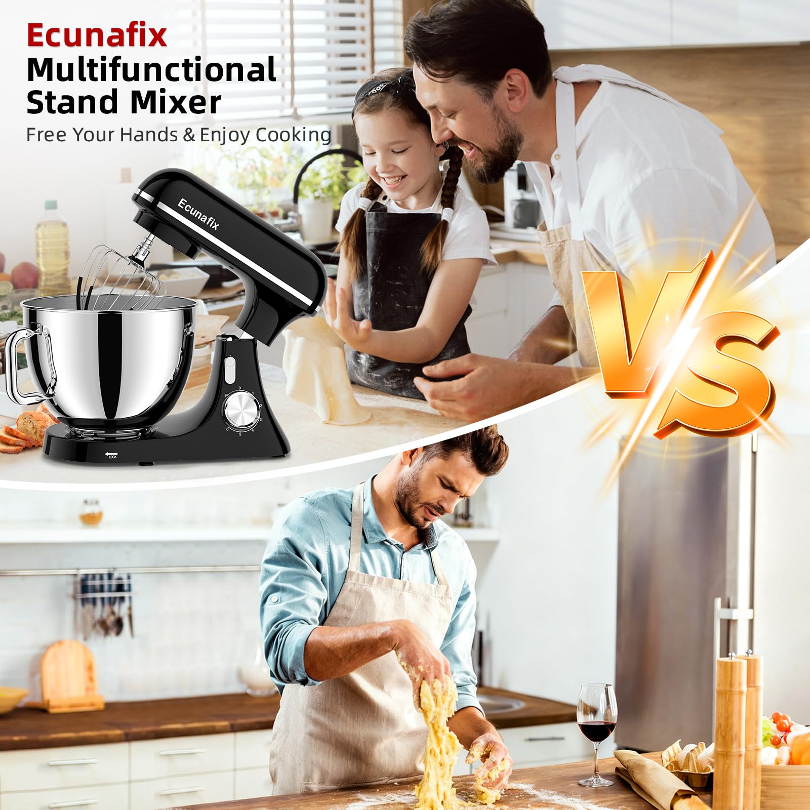 Batidora Amasadora 2000W 8L Robot de Cocina Amasador Multifunción con Bol de Acero Inoxidable, Batidor, Gancho para Masa, y Varillas, Raspador Protector Antisalpicaduras, 6+P Velocidades