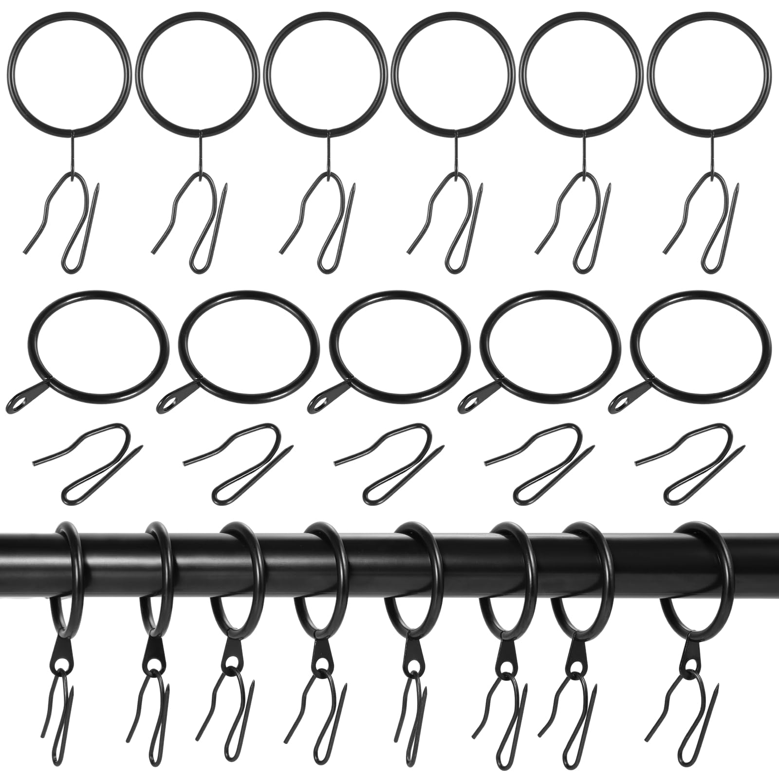 120 Pcs Metal Drapery Curtain Rings and 120 Pcs Metal Curtain Hooks Pin, 1.38 Inch Black Curtain Rings with Eyelet for Drapes, 35mm Internal Diameter for Window, Door and Shower Curtain