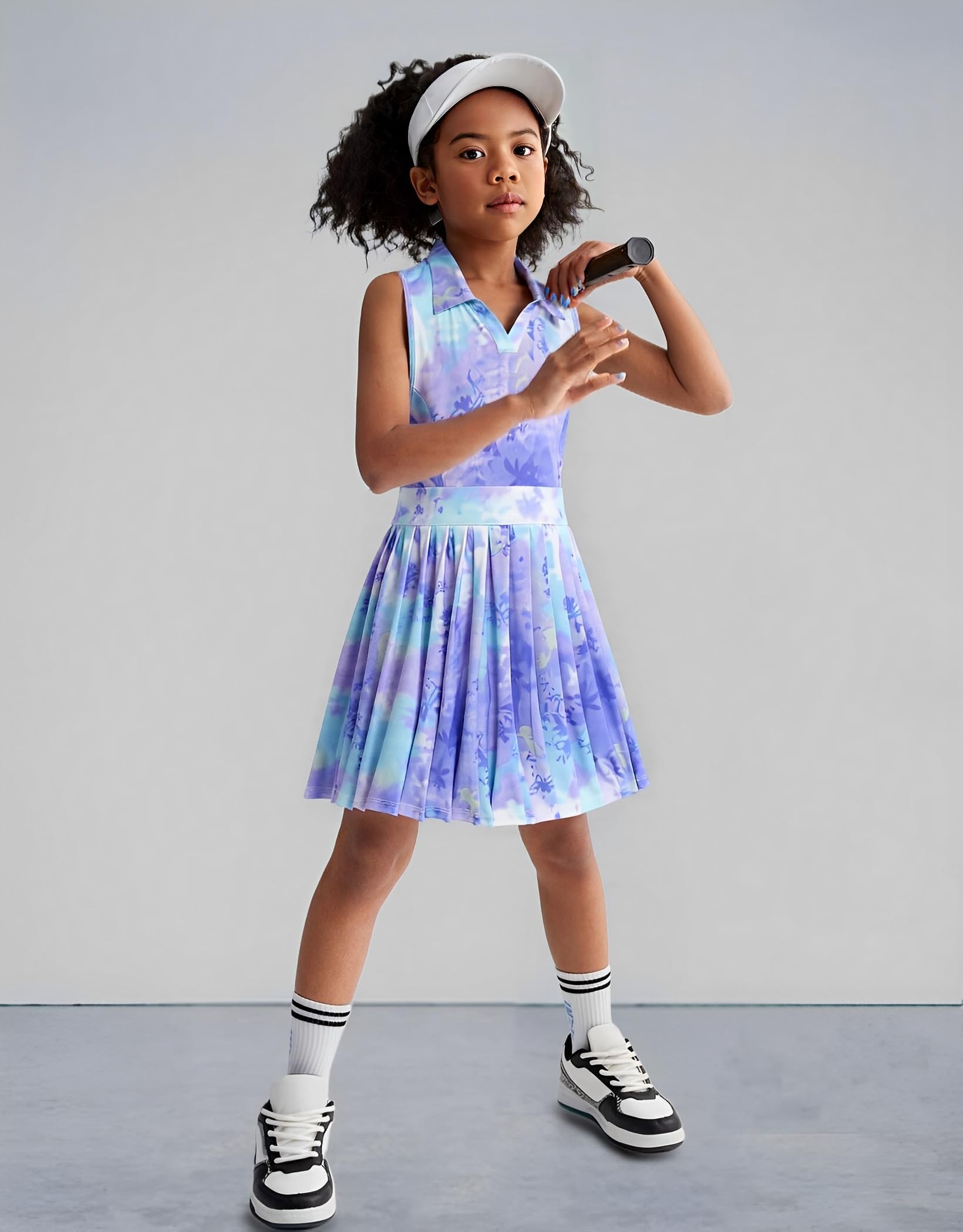 JiAmy Vestido de tenis para niñas, sin mangas, cuello en V, vestido atlético, corte en la espalda, plisado, vestidos de golf para niñas, 3-12 años