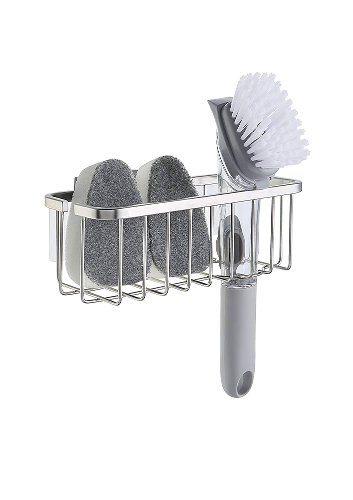 SunnyPoint NeverRust Deluxe Kitchen & Bathroom Sink Sponge Holder Organizer with Adhesive Mount - Additional Suction Cup Included – Sponge & Brush NOT Included – 7.4 x 3.3 x 2.75 Inch