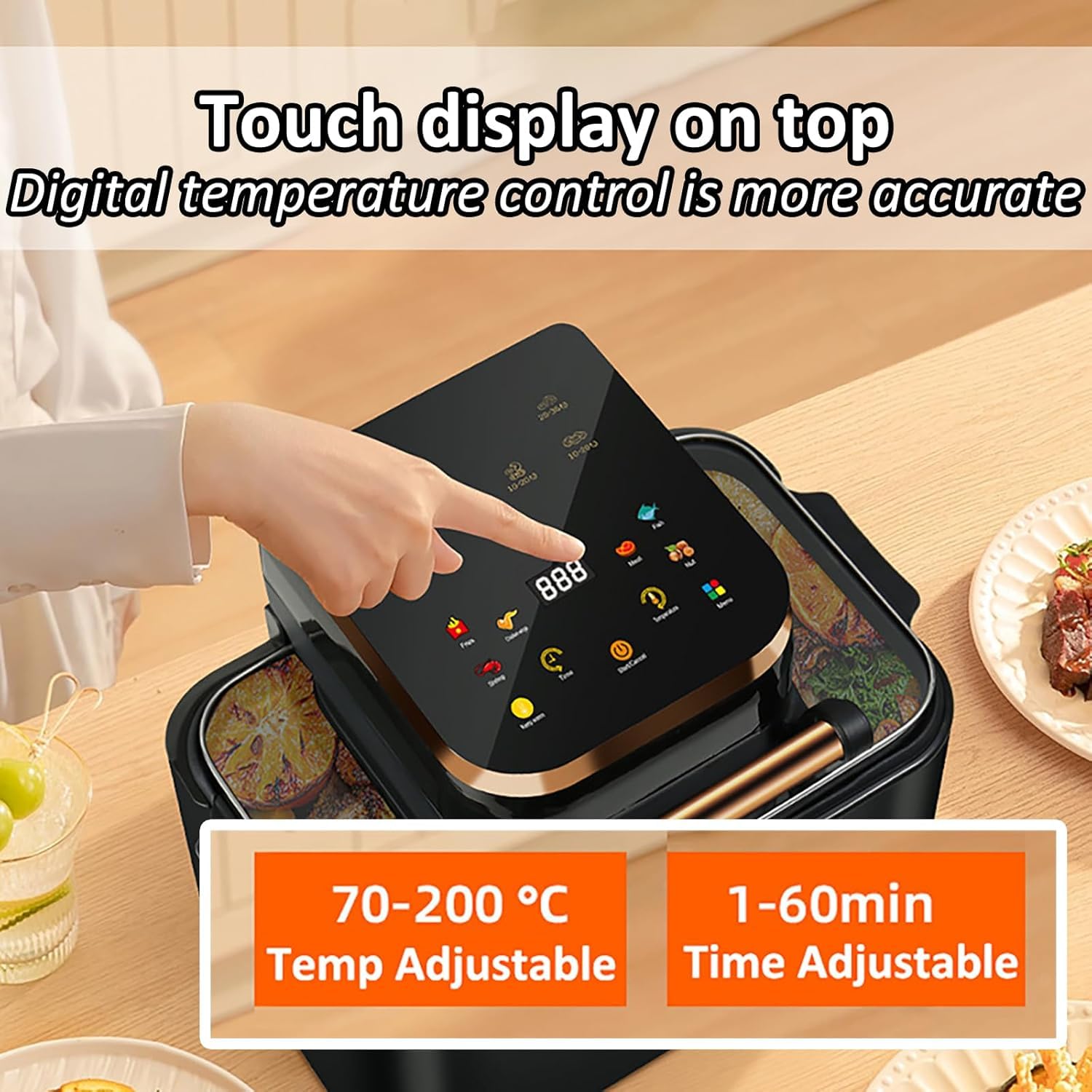 Horno Freidora De Aire Digital con Ventana Transparente, Pantalla Táctil Ajustable Y Cesta Antiadherente Extraíble para Una Cocina Saludable.