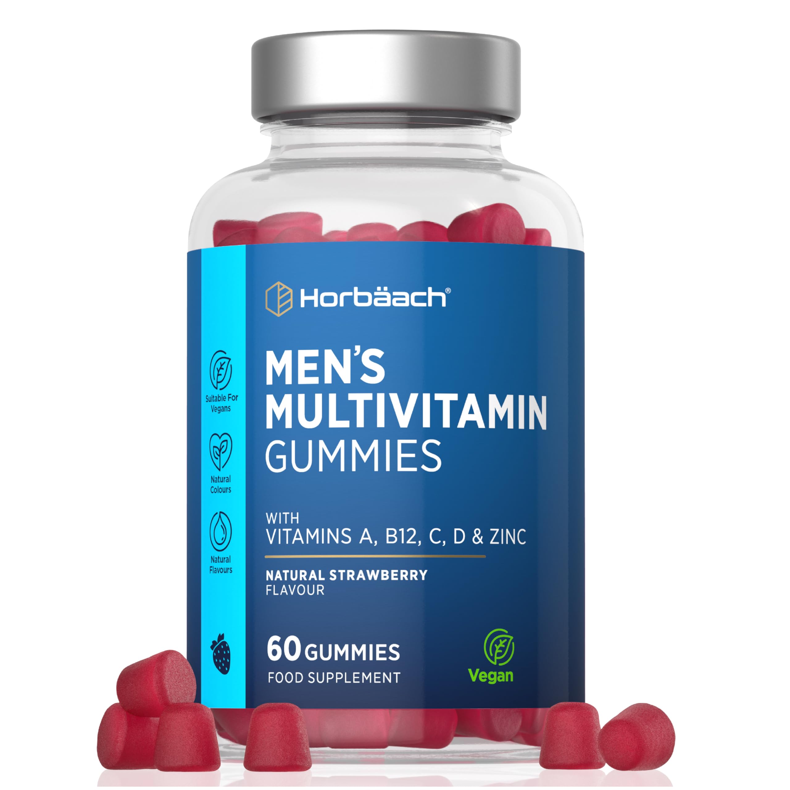 Multivitamin Gummies for Men | 14 Key Nutrients with Vitamin A, B12, C, D and Zinc | Suitable for Vegans and Vegetarians | Natural Strawberry Flavour | 60 Count | by Horbaach