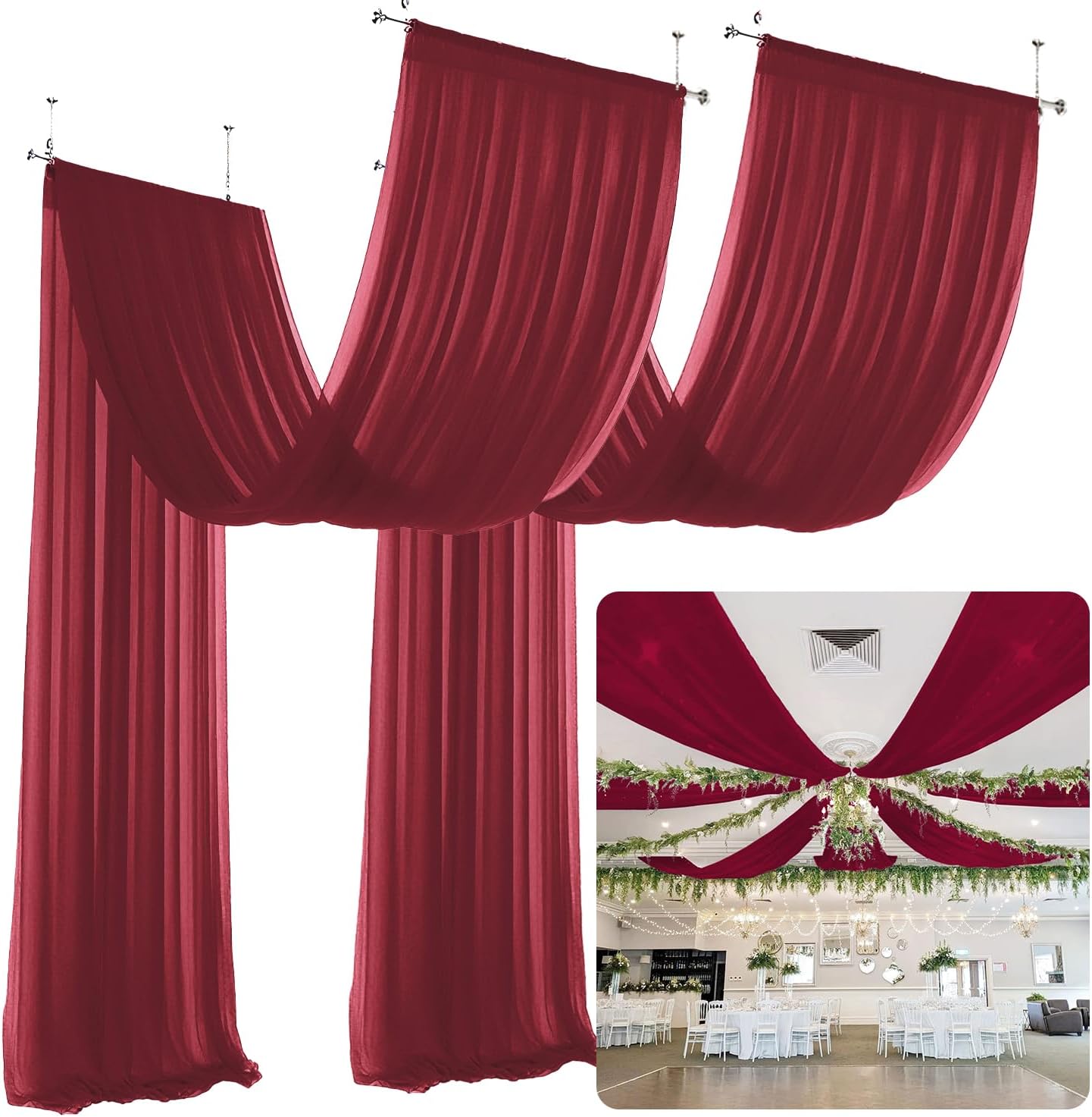 6 Panels Ceiling Drapes Burgundy Sheer Wedding Arch Drapes 5FTx10FT Chiffon Ceiling Draping Fabric Sheer Weddings Draping Tulle Swag Curtains Wedding Ceremony Hall Tent Draping Fabric