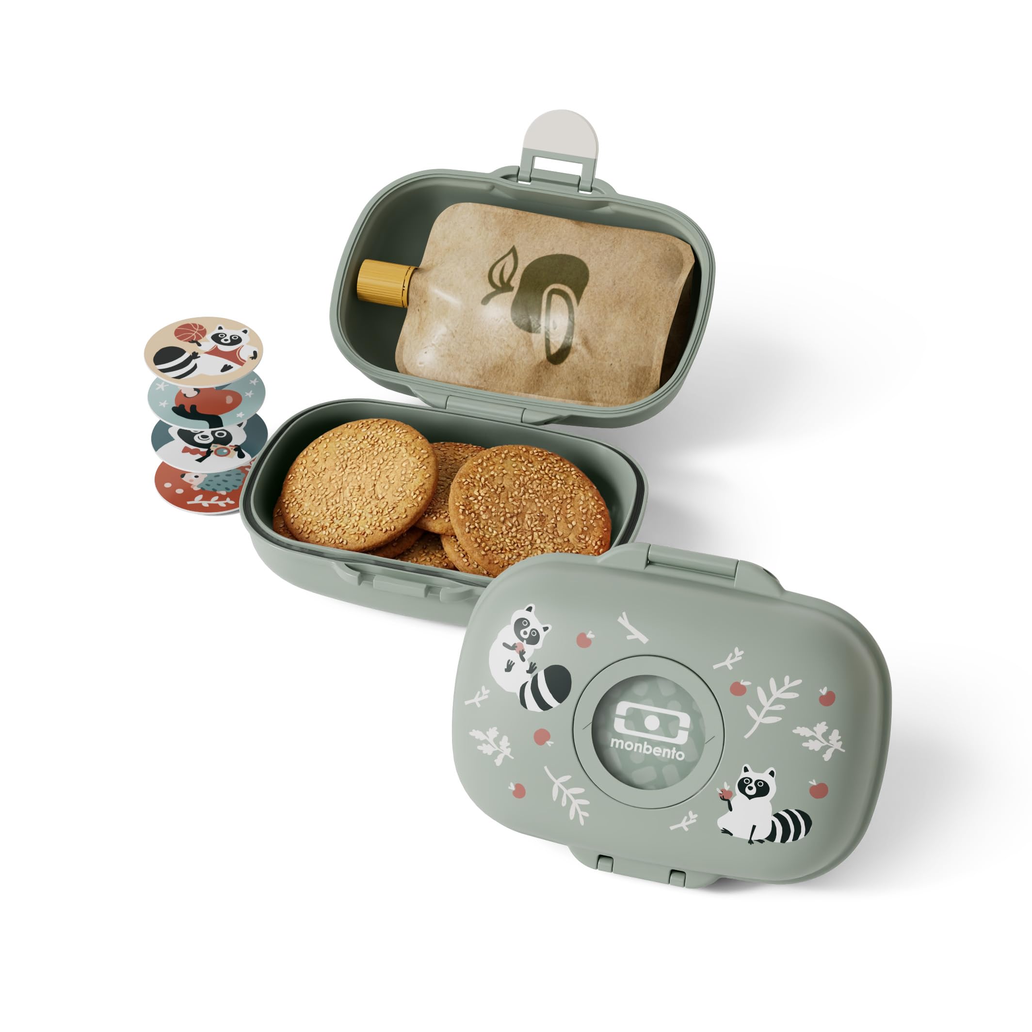 monbento - Kids Snack Box MB Gram Raccoon - Snack Box for Boys & Girls - Ideal for Lunches or Snacks at School/Park - BPA Free - Food Grade Safe - Green