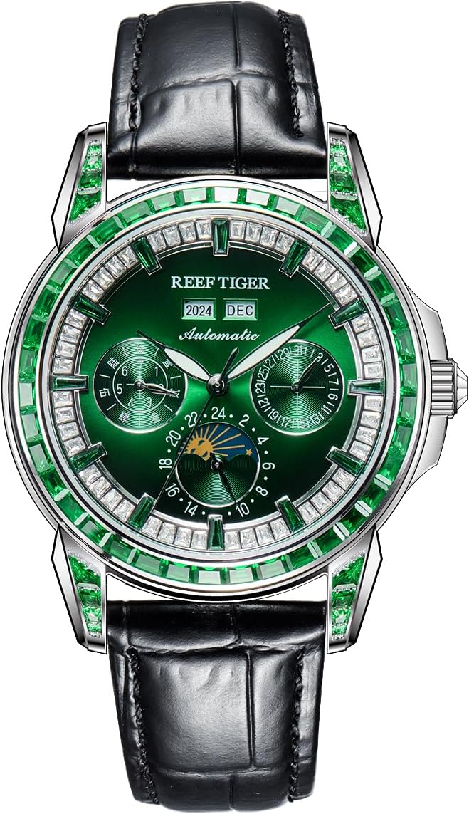 REEF TIGER Luxury Crystal Bezel Moonphase Complete Calendar Mechanical Automatic Watch for Men Luminous Leather Strap Classic Watch RGA1988