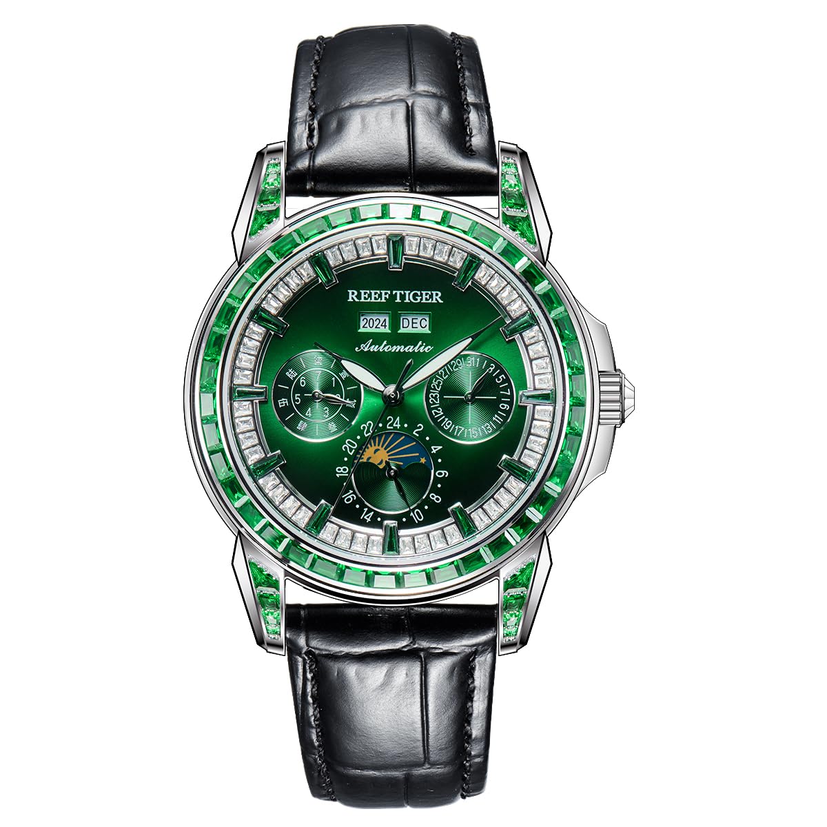 REEF TIGERLuxury Crystal Bezel Moonphase Complete Calendar Mechanical Automatic Watch for Men Luminous Leather Strap Classic Watch RGA1988