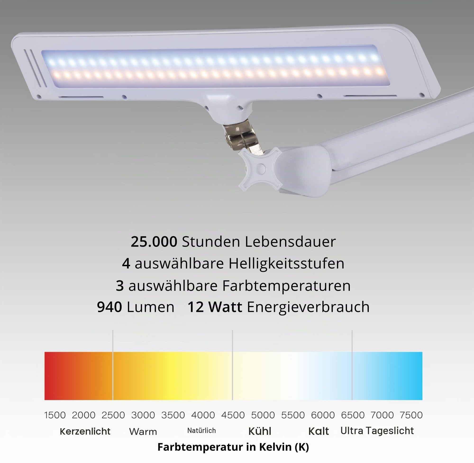 Showlite AL-6012 Arbeitsplatzleuchte - Dimmbare LED Schreibtischlampe für Büro oder Werkstatt - Klemmbare Tageslichtlampe mit Kugelgelenk - Tischlampe mit 4 Helligkeitsstufen - Monitor Lampe Weiß