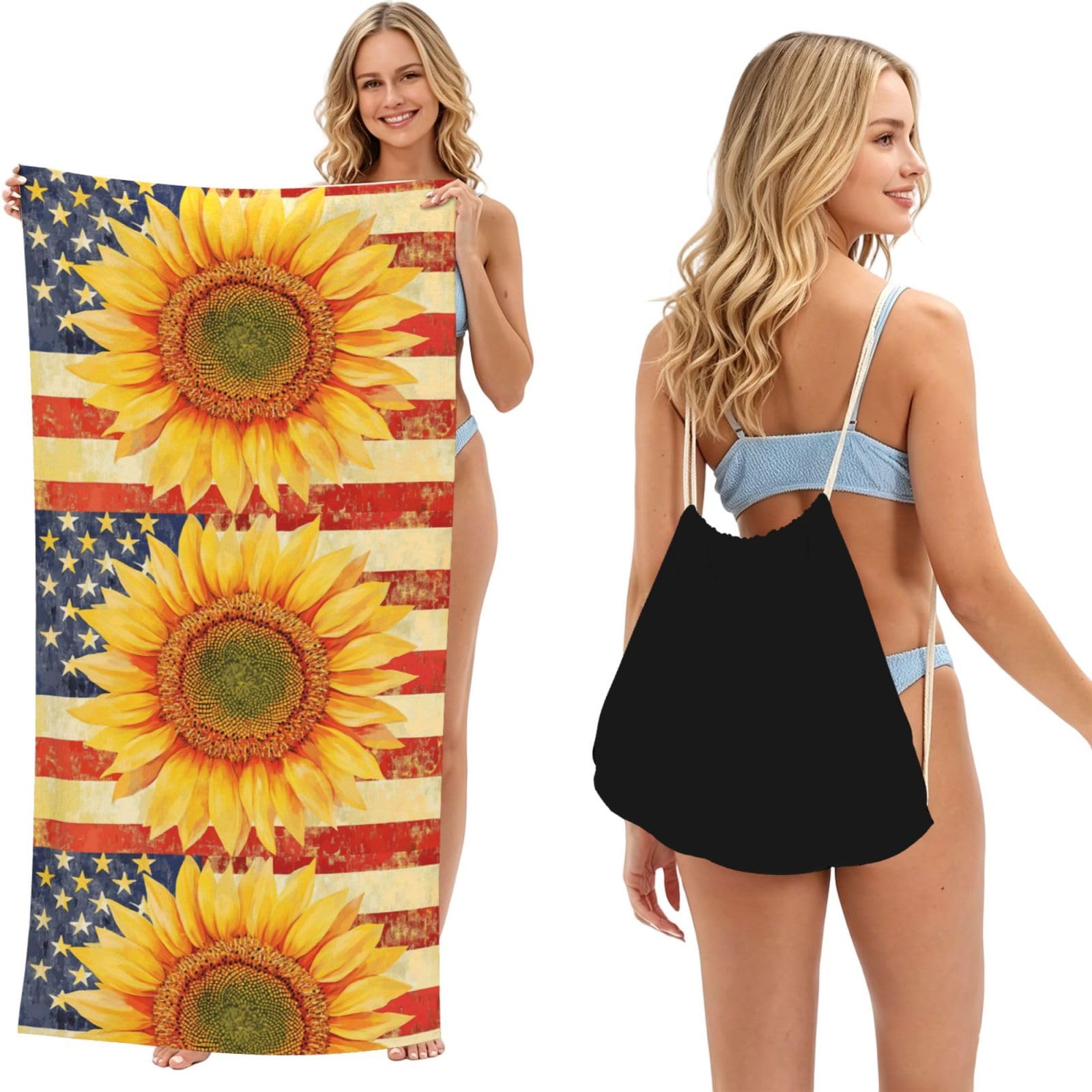American Flag Sunflowers 2in1 Packable Beach Towel Bag Women