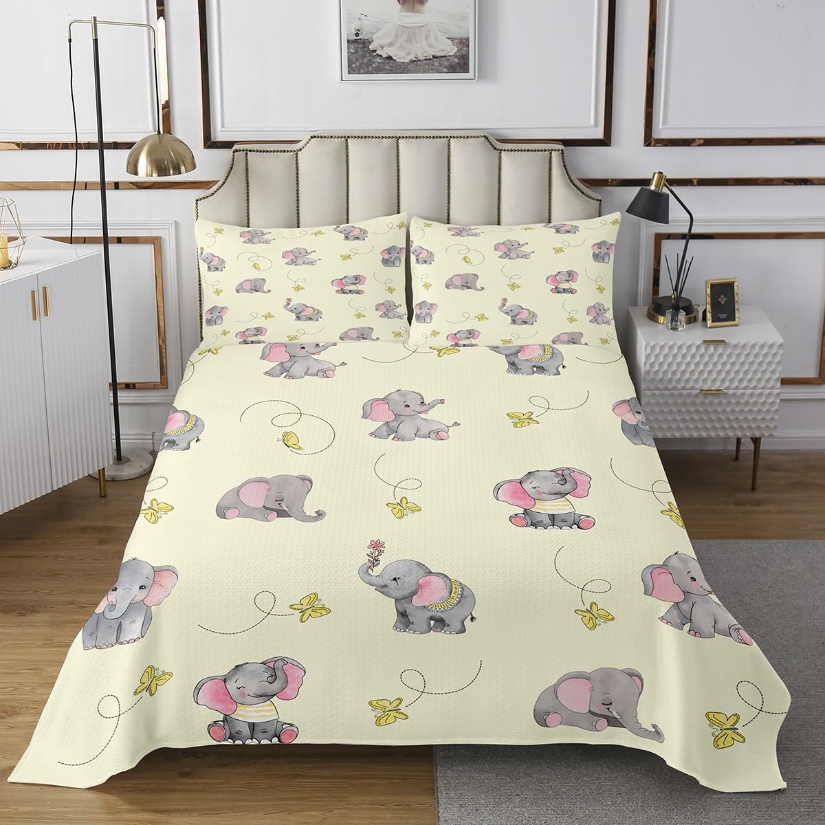 Kawaii Elephant Bedspread for Kids Boys,Yellow Butterfly Cartoon Wildlife Coverlet Set Bedroom Decor Soft Quilted,Watercolor Grey Pink Animal Quilt Set with 1 Pillow Sham, Twin Size