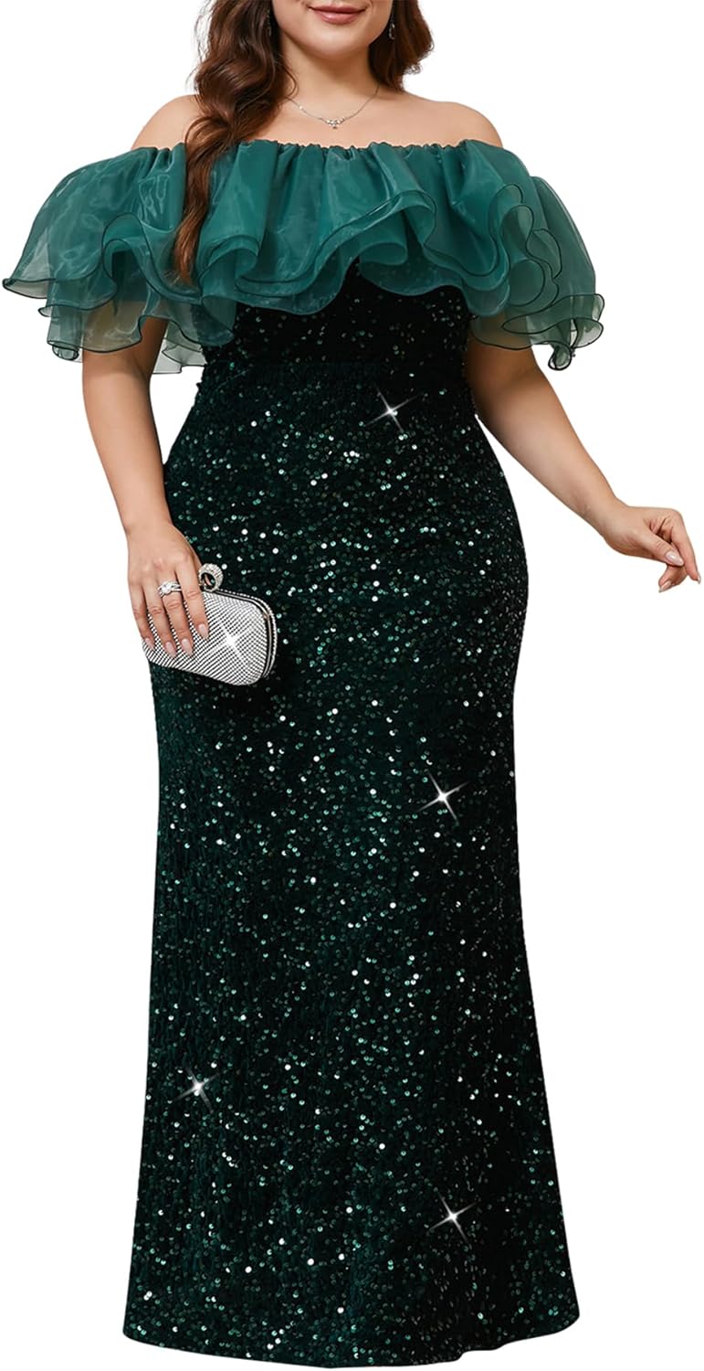 Sequin Formal Dress for Women – Sparkly Cold Shoulder Gown with Straps for Wedding Guest or Prom