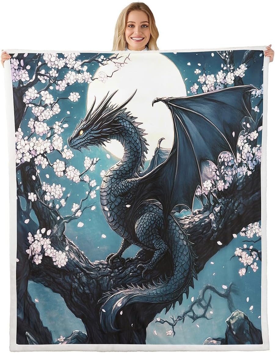 Cute Dragon Fleece Blanket,Blue Dragon Wings Lovely Wildlife White Bed Blanket for Kids Teens,Kawaii Animal Sky Clouds Fantasy Cartoon Flannel Blanket for Room Decor,Queen 90"x90"