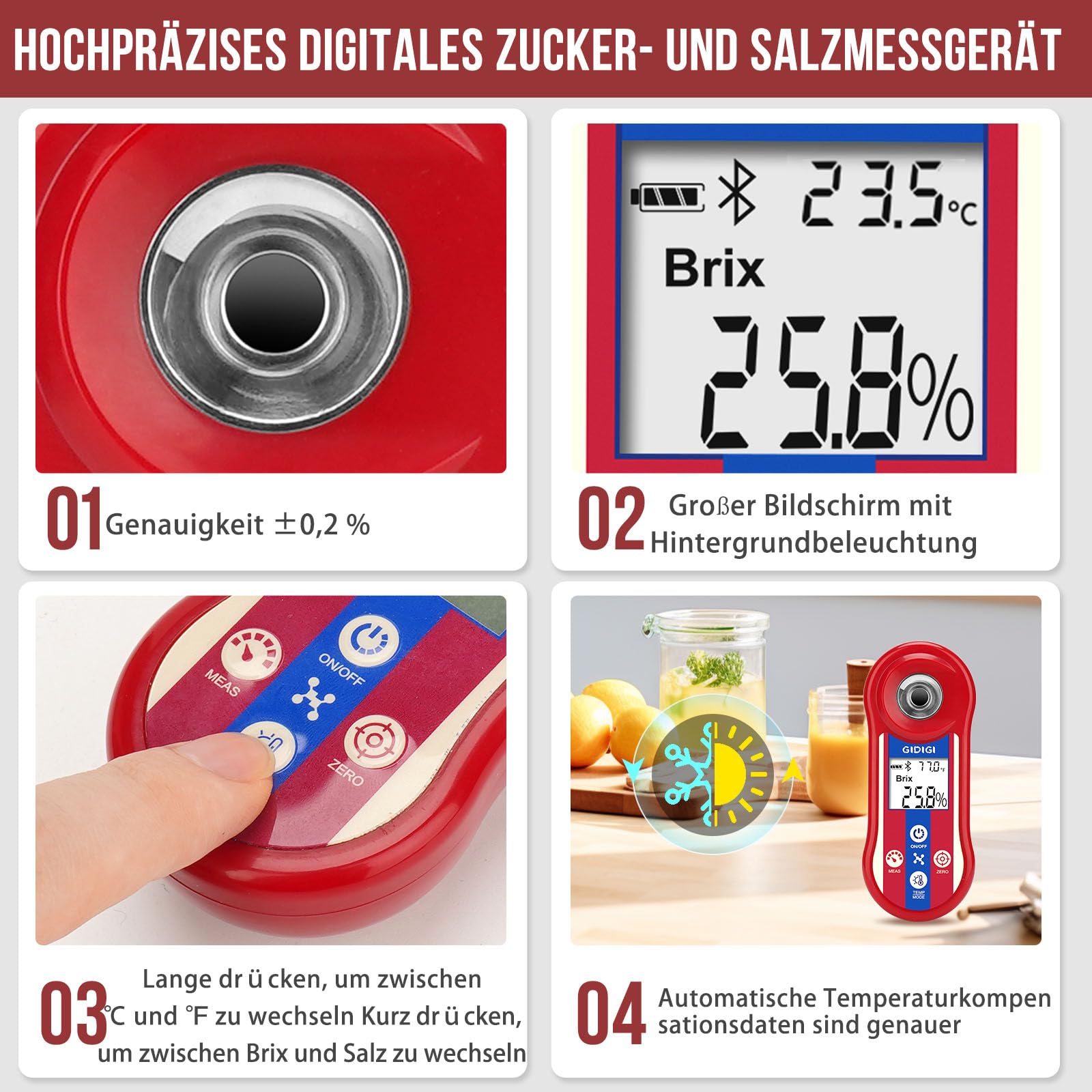 Brix-Refraktometer und Salzgehaltstester, intelligentes Zucker-Brix-Messgerät, Salzrefraktometer für Salzwasser mit ATC, Brix-Messbereich 0,0–60% für Obst, Wein und Bier
