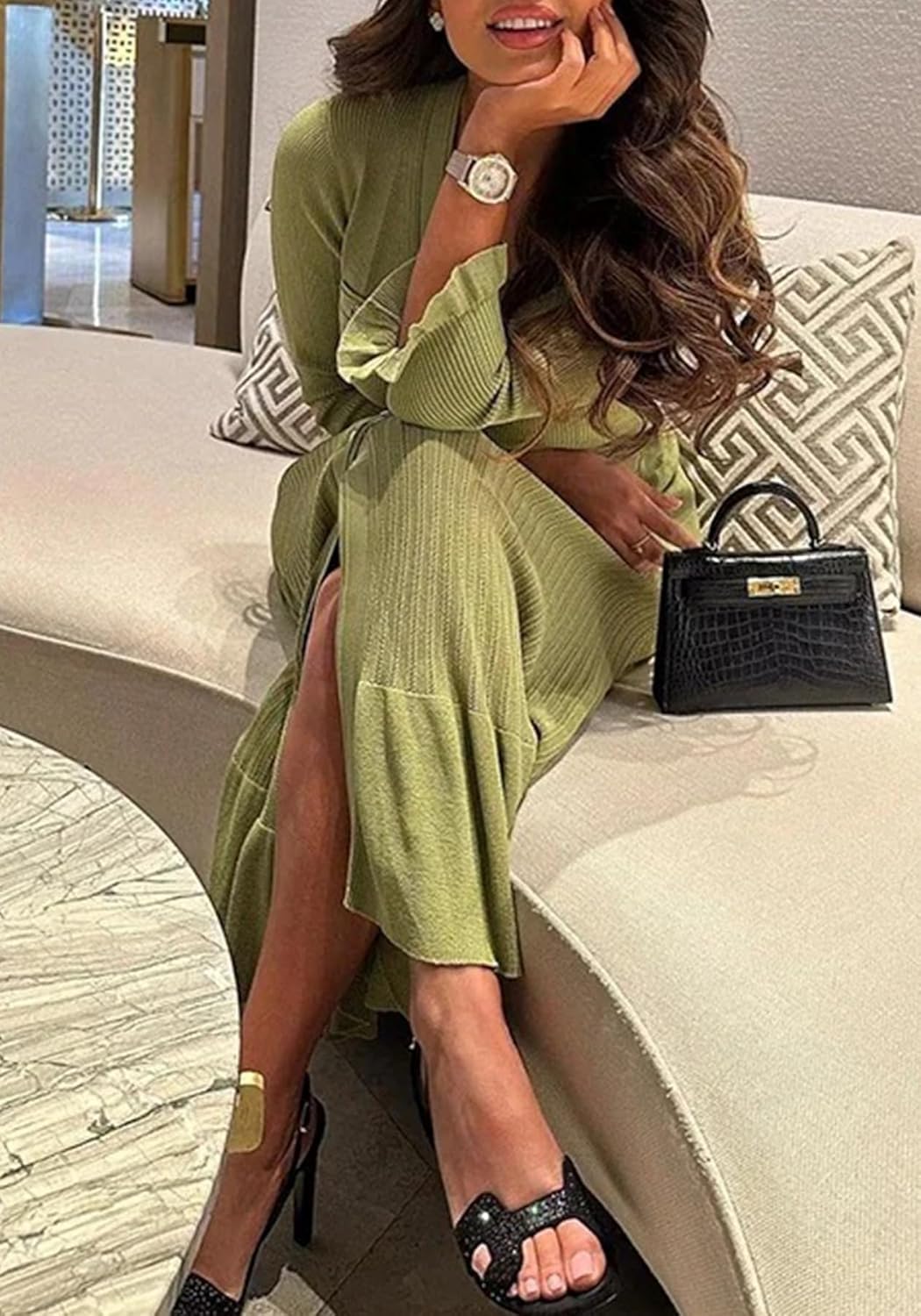 LAJIOJIO Sexy Long Sleeve Knit Sweater Dress, Winter Button V Neck Pleated Long Dresses for Women - Image 7