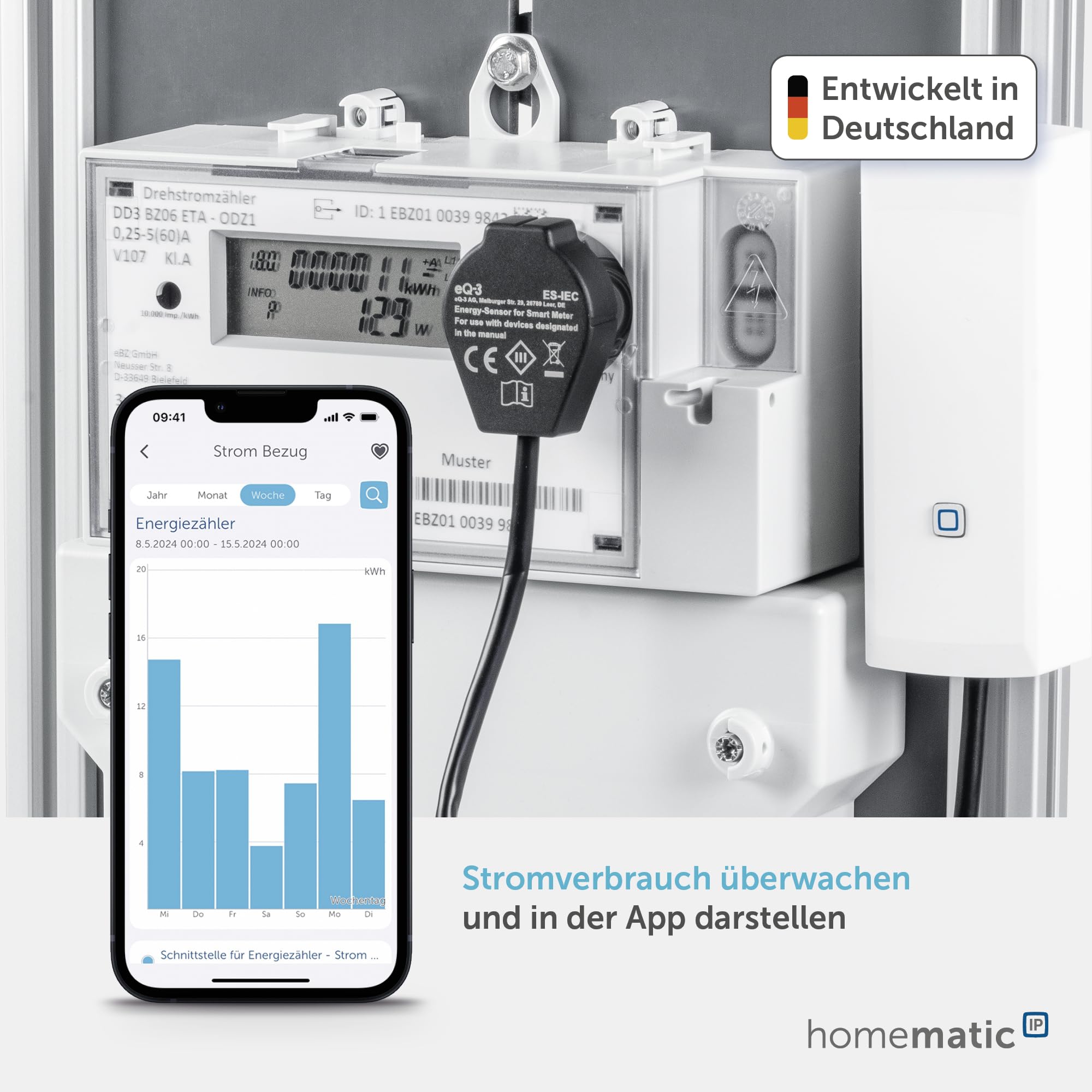Homematic IP Smart Home Schnittstelle für Smart Meter und Haushaltszähler, Energieschnittstelle, Ernegie messen und Kosten sparen, Strom mit App überwachen, Smart Home automatisieren, 159672A0
