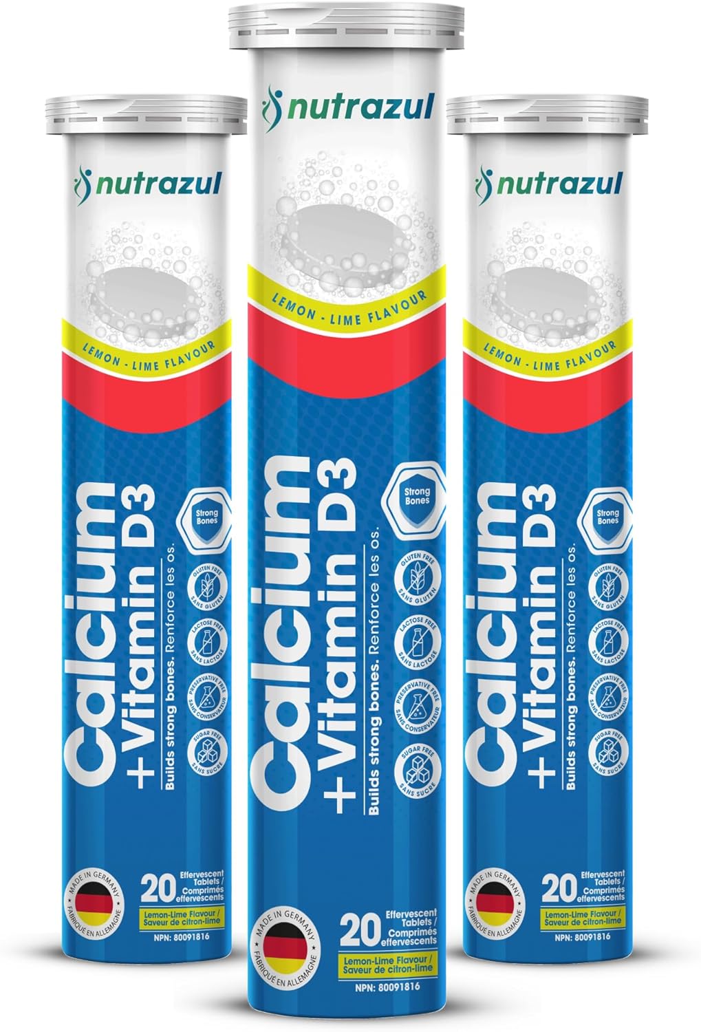 Nutrazul Calcium + Vitamin D3 Effervescent Tablets, for Bone Health Maintenance, 500 mg Calcium and 2.5 mcg Vitamin D3, Suitable Supplements for Women & Men, Lemon-Lime Flavor, 60 Tablets