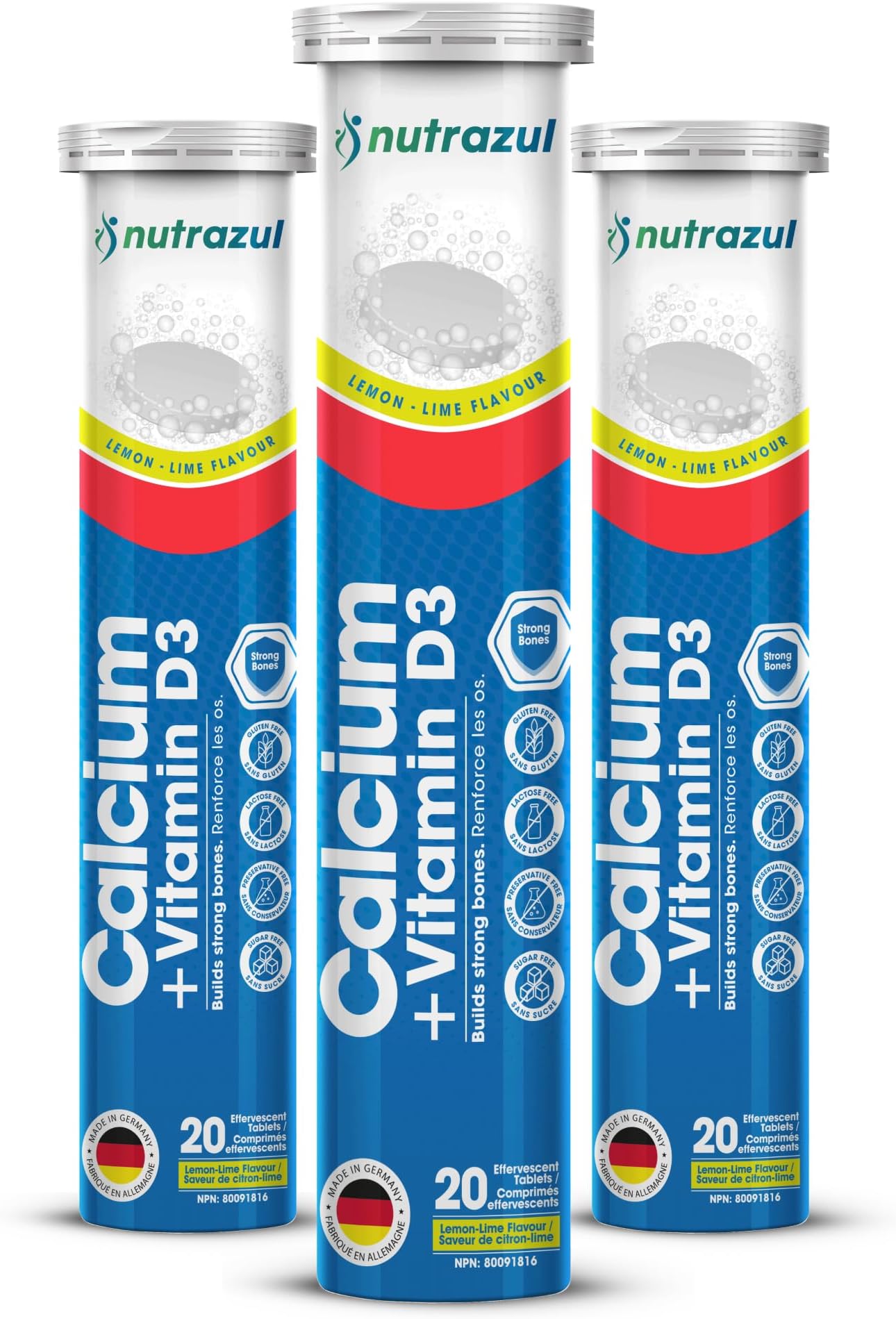 Nutrazul Calcium + Vitamin D3 Effervescent Tablets, for Bone Health Maintenance, 500 mg Calcium and 2.5 mcg Vitamin D3, Suitable Supplements for Women & Men, Lemon-Lime Flavor, 60 Tablets