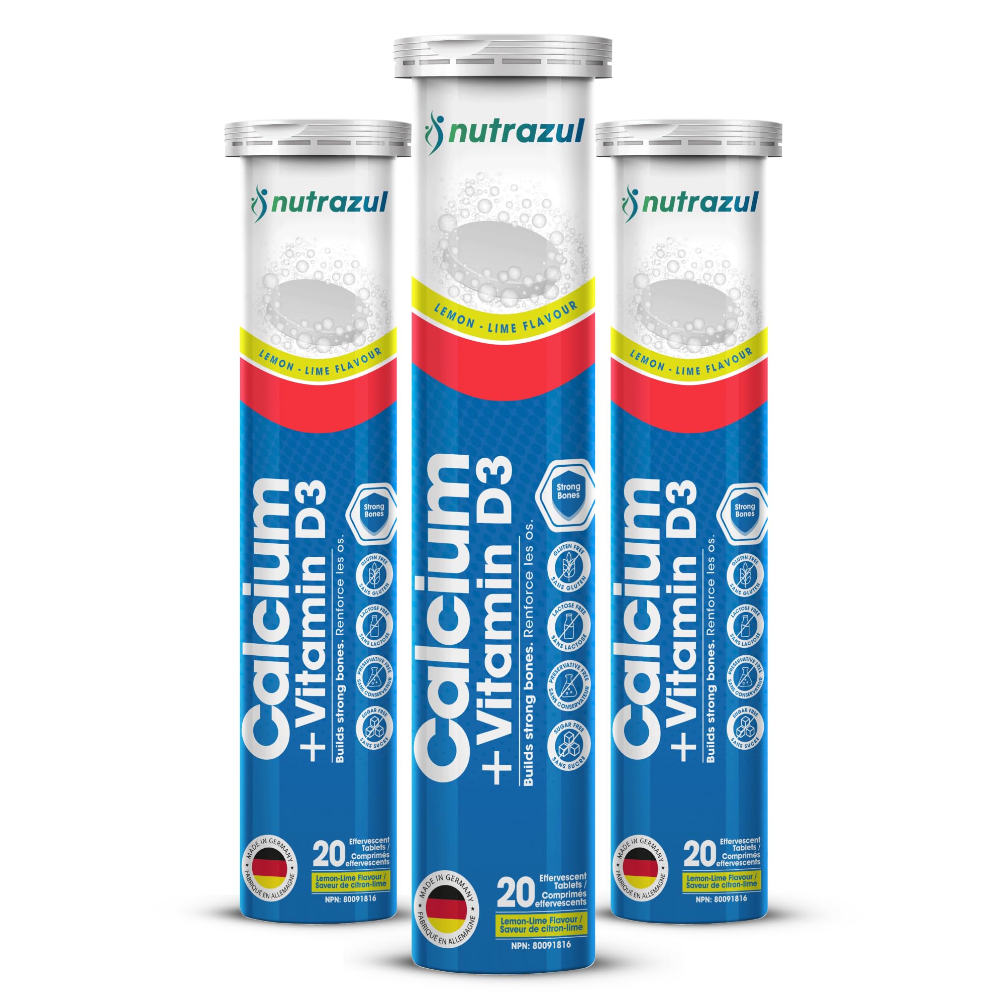 Nutrazul Calcium + Vitamin D3 Effervescent Tablets, for Bone Health Maintenance, 500 mg Calcium and 2.5 mcg Vitamin D3, Suitable Supplements for Women & Men, Lemon-Lime Flavor, 60 Tablets