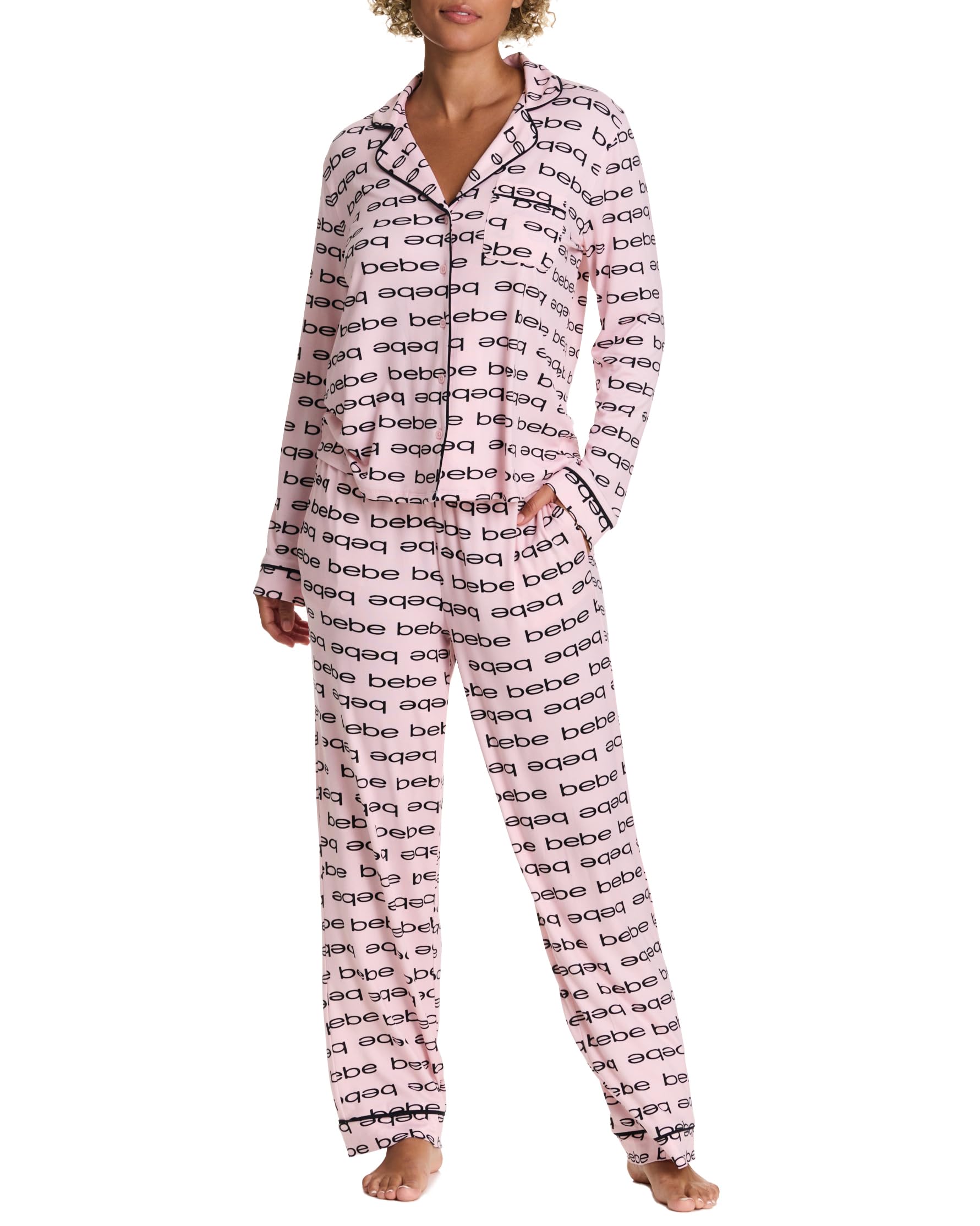 bebe Button Down Pajamas for Women, Long Sleeve Button Up Pajamas with Pants, Ladies Sleepwear PJ Set (Rose Shadow, Large)