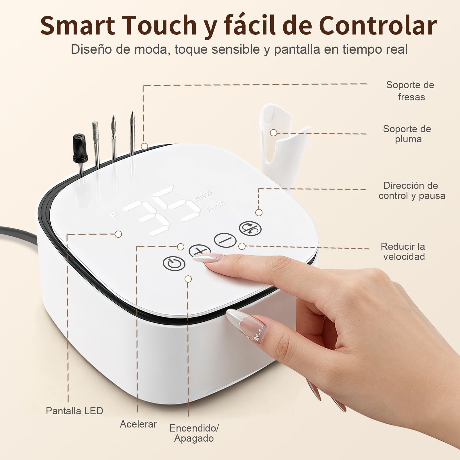 Einniewi Torno para Uñas Profesional 35000RPM, Lima Uñas Electrica con Botones Táctiles y Pantalla HD LED Digital, Nail Drill Kit Manicura y Pedicura, Quitar Acrílico Gel/Esmalte/Callos, Blanco