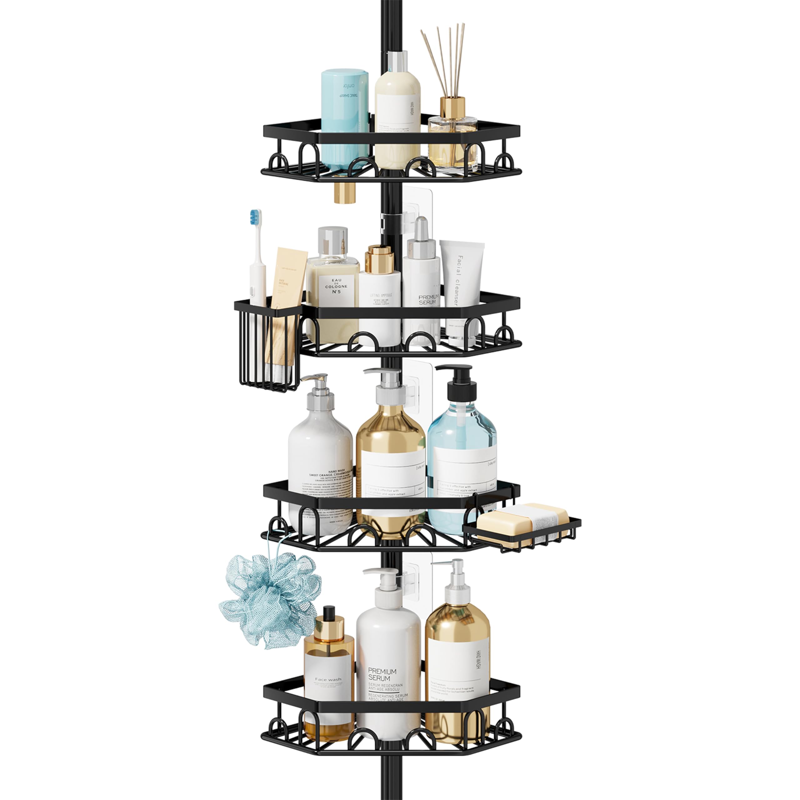 HapiRm Telescopic Shower Caddy Corner - 4 Tier Bathroom Corner Shelves, Rustproof Shower Caddy with 16 Hooks, Toothbrush Holder & Soap Dish, Adjustable Shower Shelves No Drilling for 27.6-108.3 Inch
