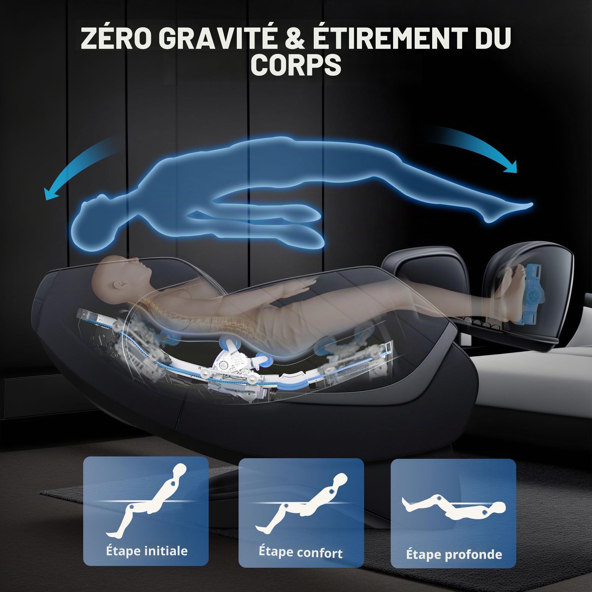 HealthRelife Fauteuil de Massage pour Tout Le Corps - Chaise de Massage Intelligente Zero Gravity - Mains robotiques 3D avec Rail SL - Fauteuil de Relaxation Bluetooth - Noir