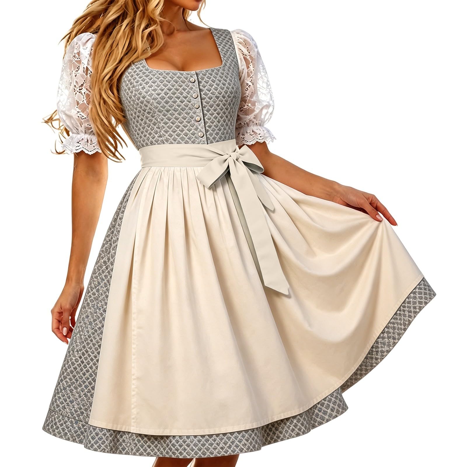 Generisch 2026 Elegantes Dirndlkleid für Damen ärmellos mit Schürze tailliert für Bierfest-Feiern im Landhausstil mit Spitze Dreireihen- ganzjährig tragbar