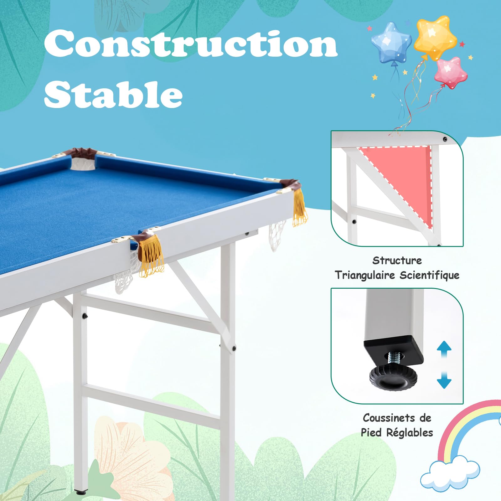 GOPLUS Table de Billard Portable de 122 cm, Mini-Billard avec Pieds Pliables, Jeu d'Arcade d'Intérieur avec 16 Boules, 2 Queues, 2 Craies, 1 Pinceau et 1 Triangle pour Enfants et Adultes