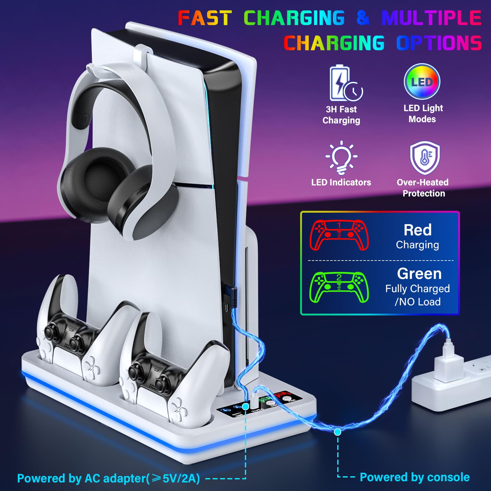 Estación de refrigeración para PS5 Slim Stand, Dual PS5 Controller Charger Station para consola Playstation 5, ventilador de refrigeración de 3 niveles para PS5 Slim Disc/PS5 Disc y digital, soporte