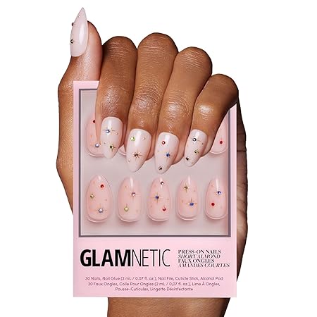Glamnetic Press On Nails - North Star | Semi-Transparent 3D Multicolor Gems Short Almond False Nails