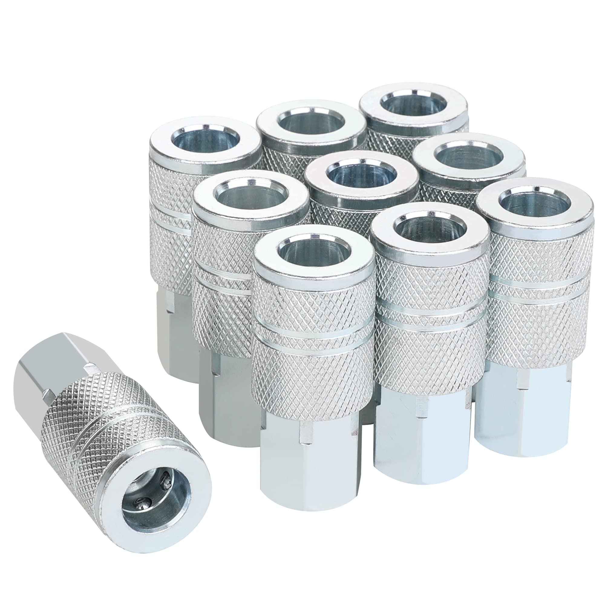 Accesorios de aire de alto flujo de 3/8, acoplador industrial tipo M, tamaño de flujo de 3/8 pulgadas, tamaño de roscas hembra de 3/8 pulgadas, material de acero, 300 PSI, 10 accesorios de