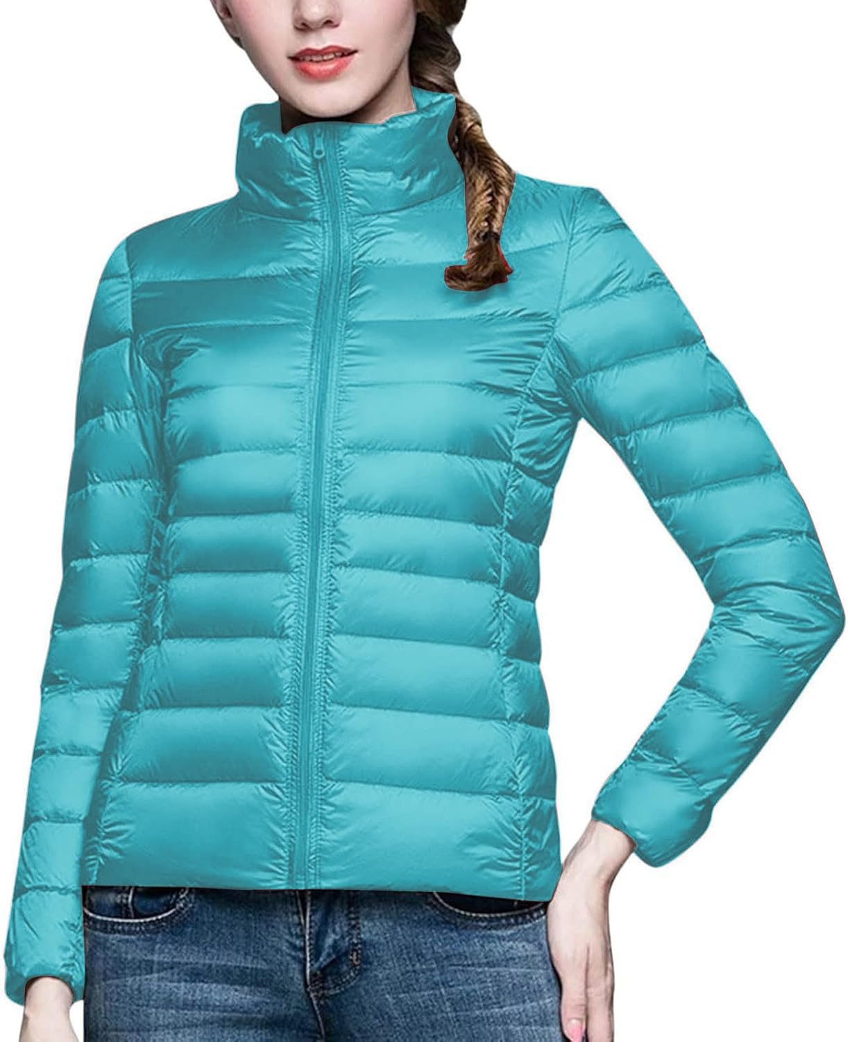 BOXIACEY Winter Coats for Women Solid Packable Puffer Down Jackets Warm Parkas Stand Collar Long Sleeve Outwear with Pockets